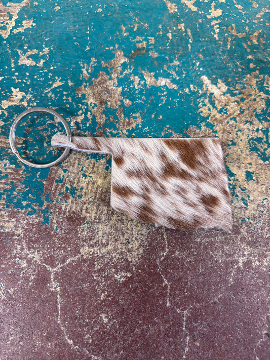 Brown And White Spotted Cowhide Oklahoma Keychain