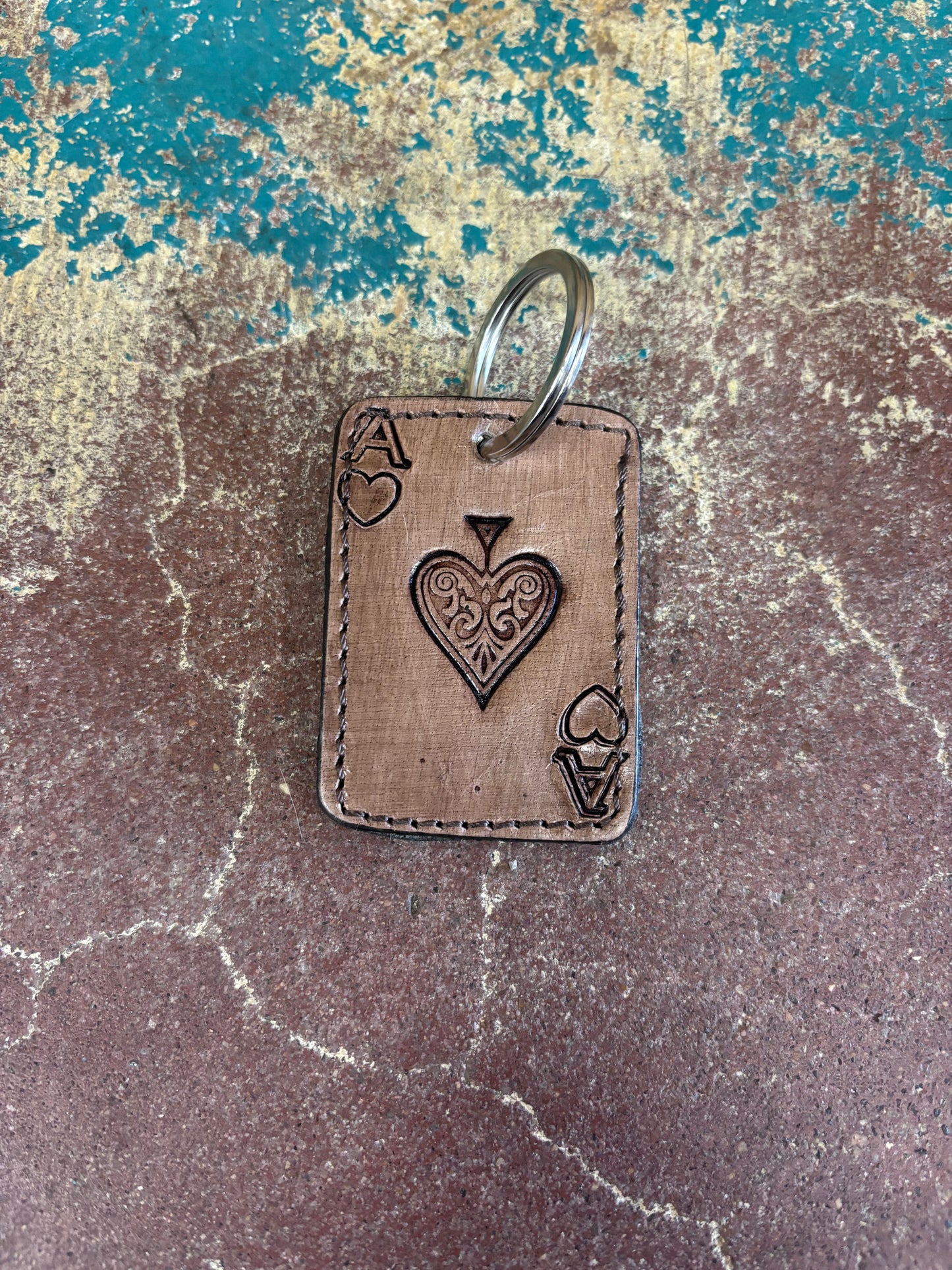 Tooled Ace Card White And Black Cowhide Keychain