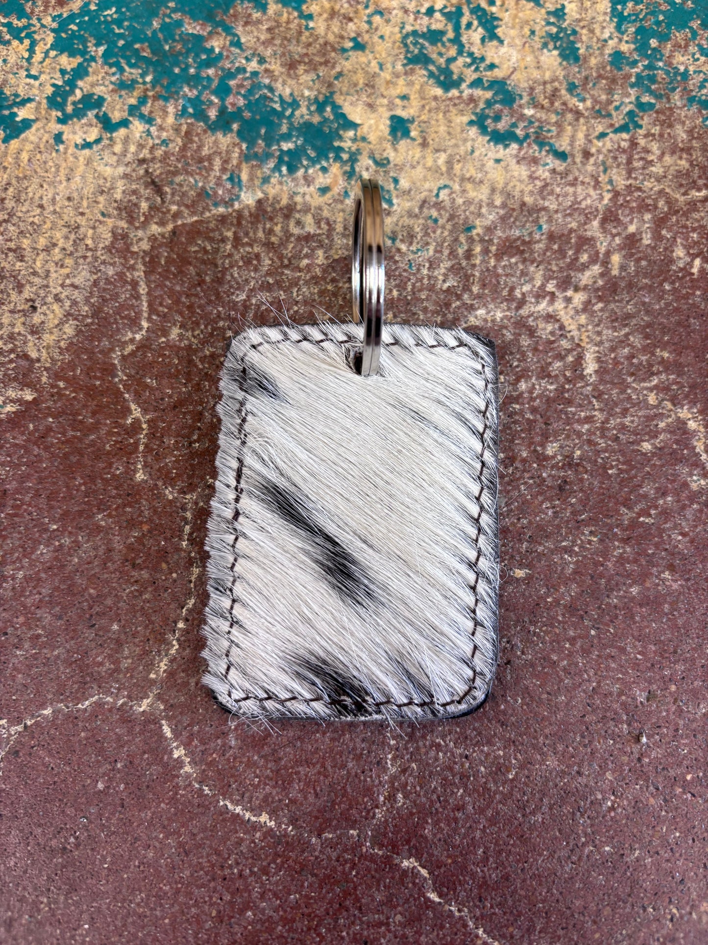 Tooled Ace Card White Spotted Cowhide Keychain