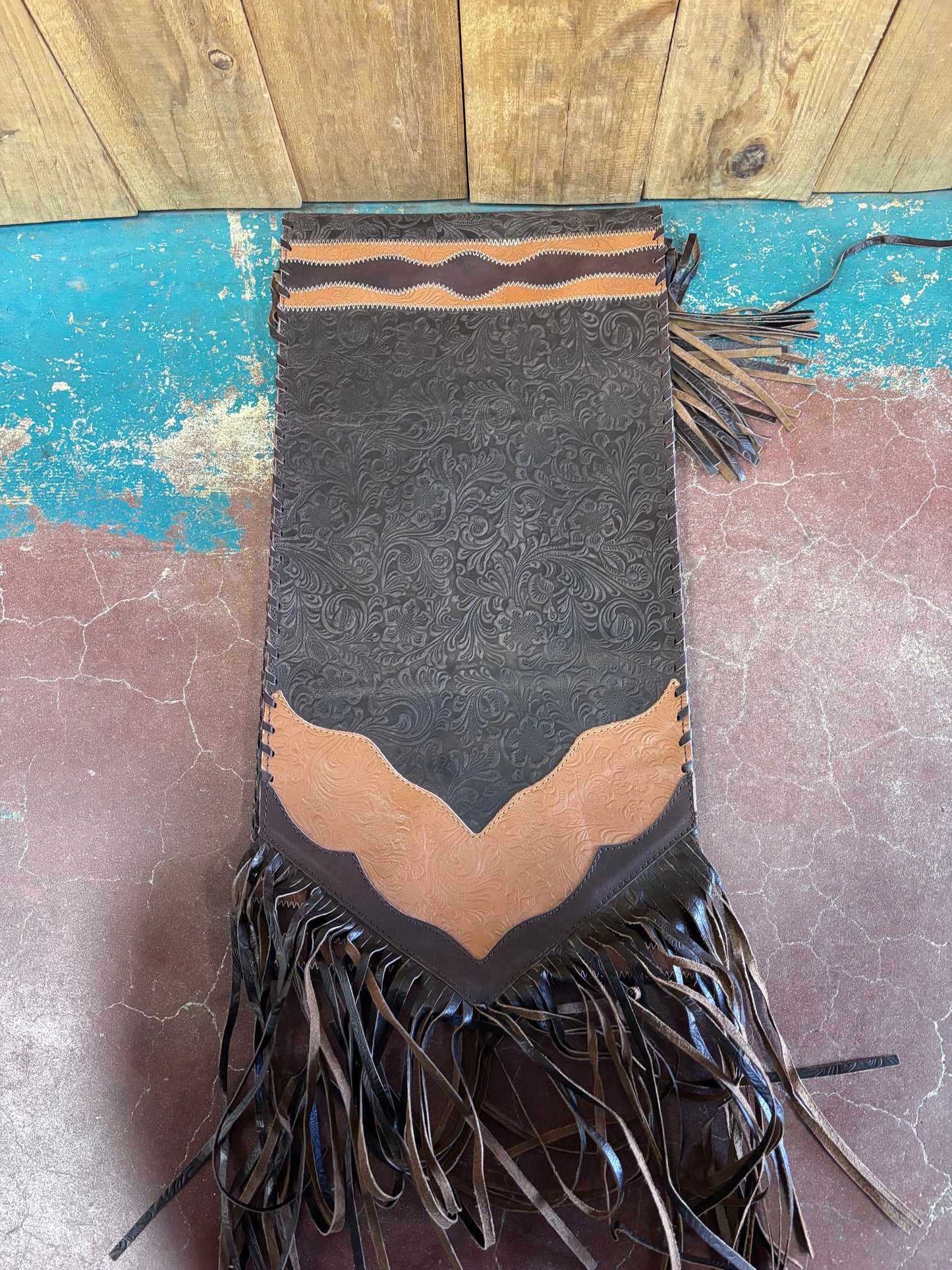 Brown Leather Tooled Table Runner