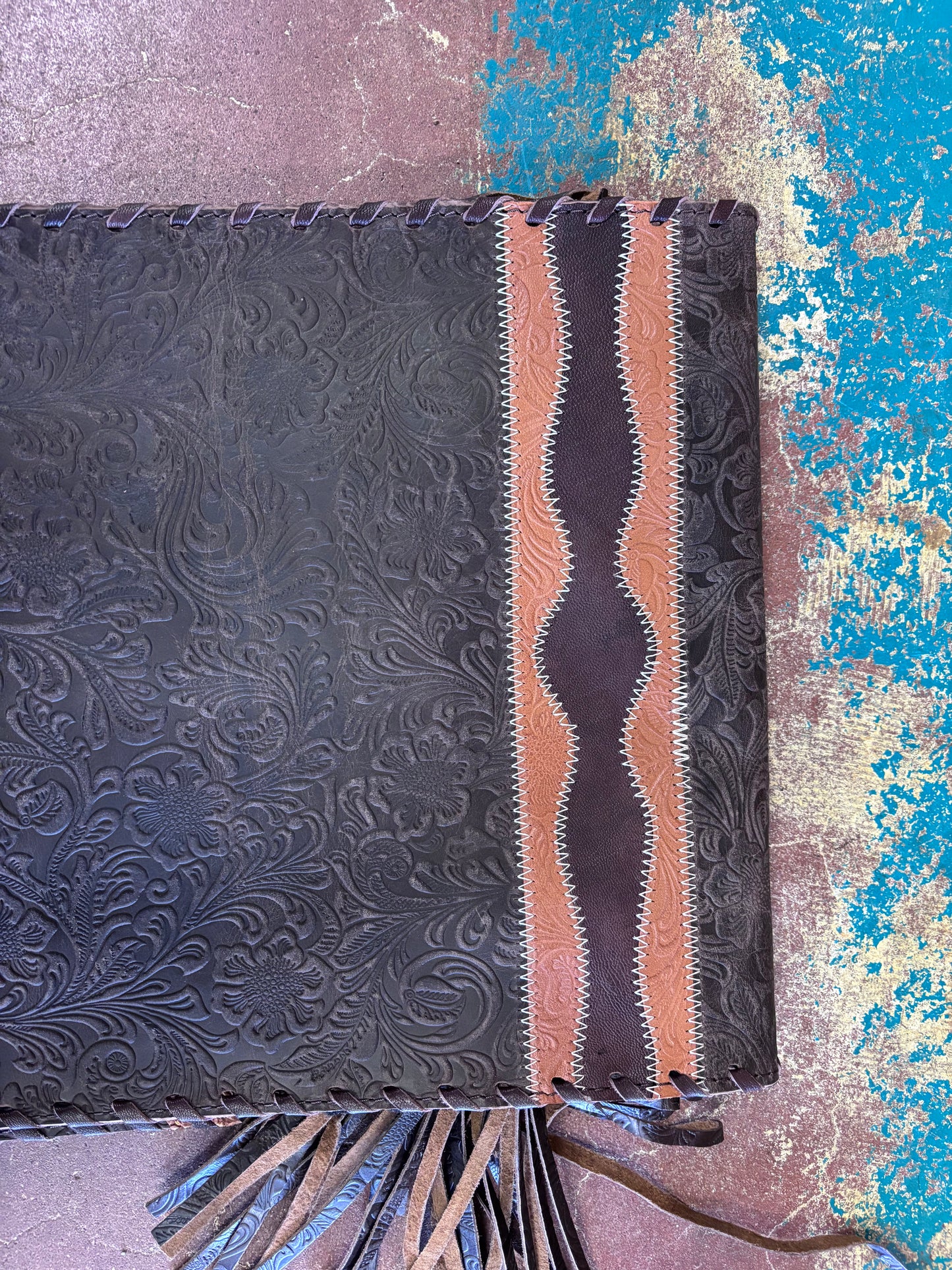 Brown Leather Tooled Table Runner