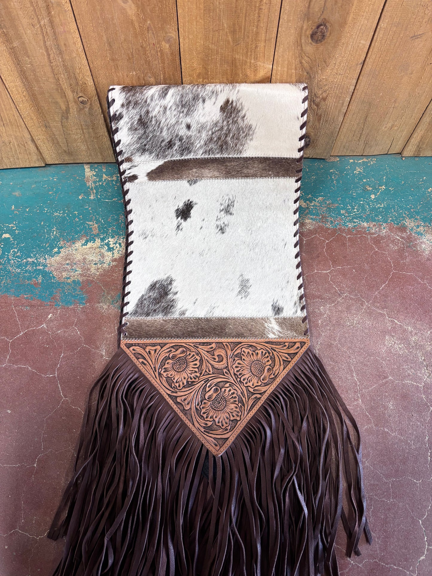 Brown And White Cowhide Leather Tooled Table Runner