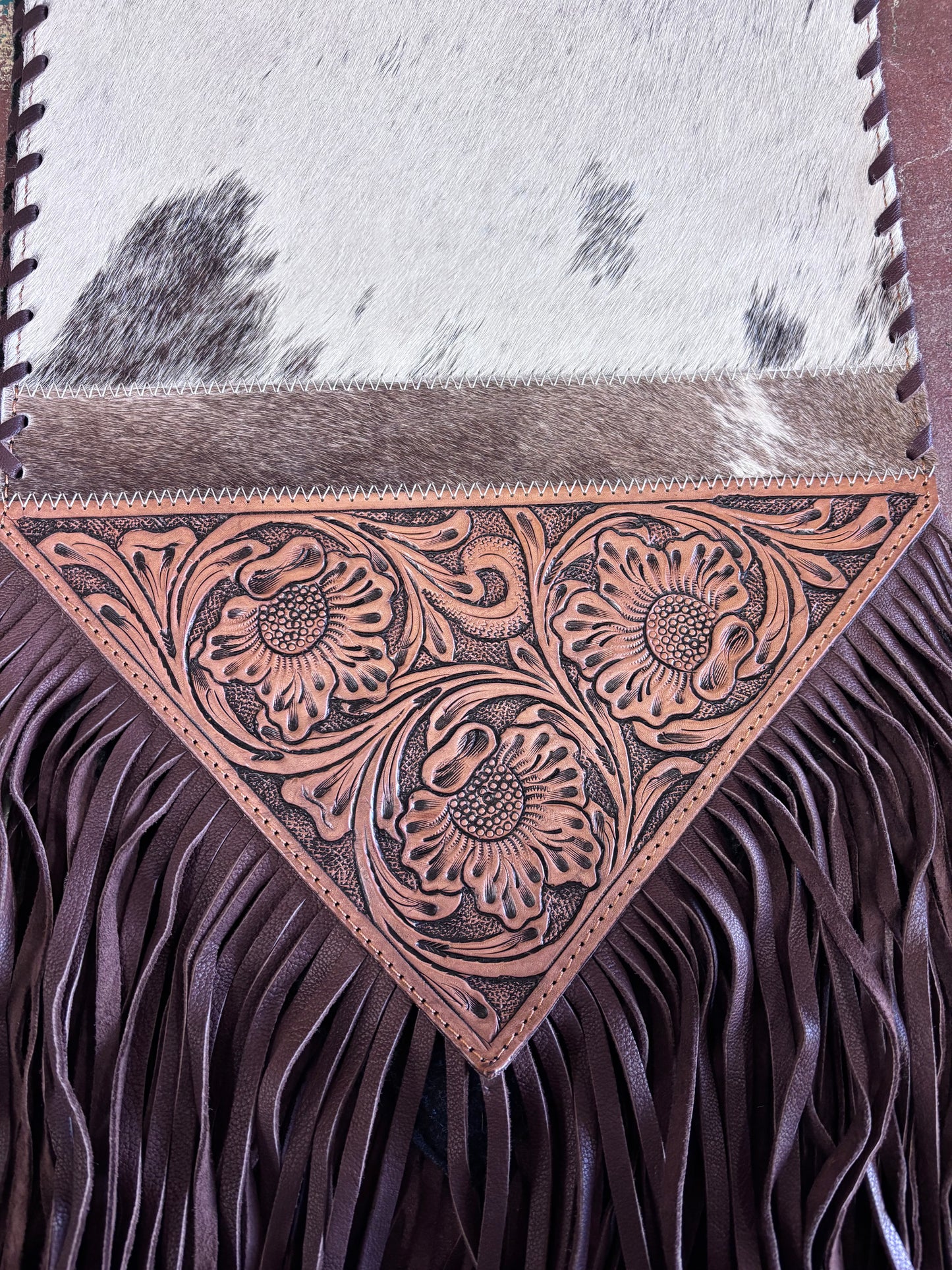 Brown And White Cowhide Leather Tooled Table Runner