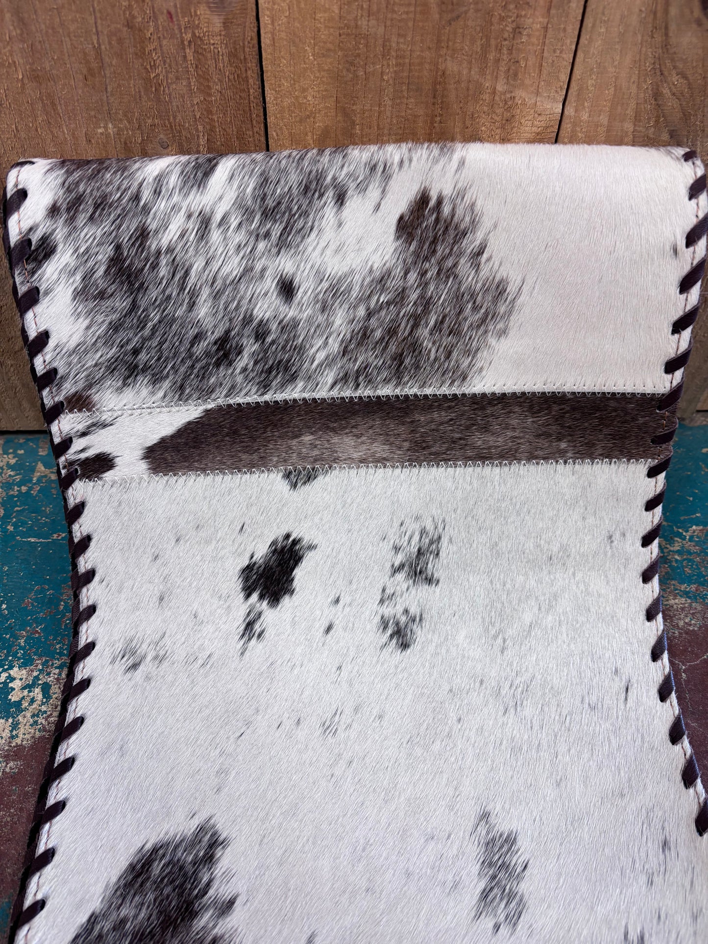 Brown And White Cowhide Leather Tooled Table Runner