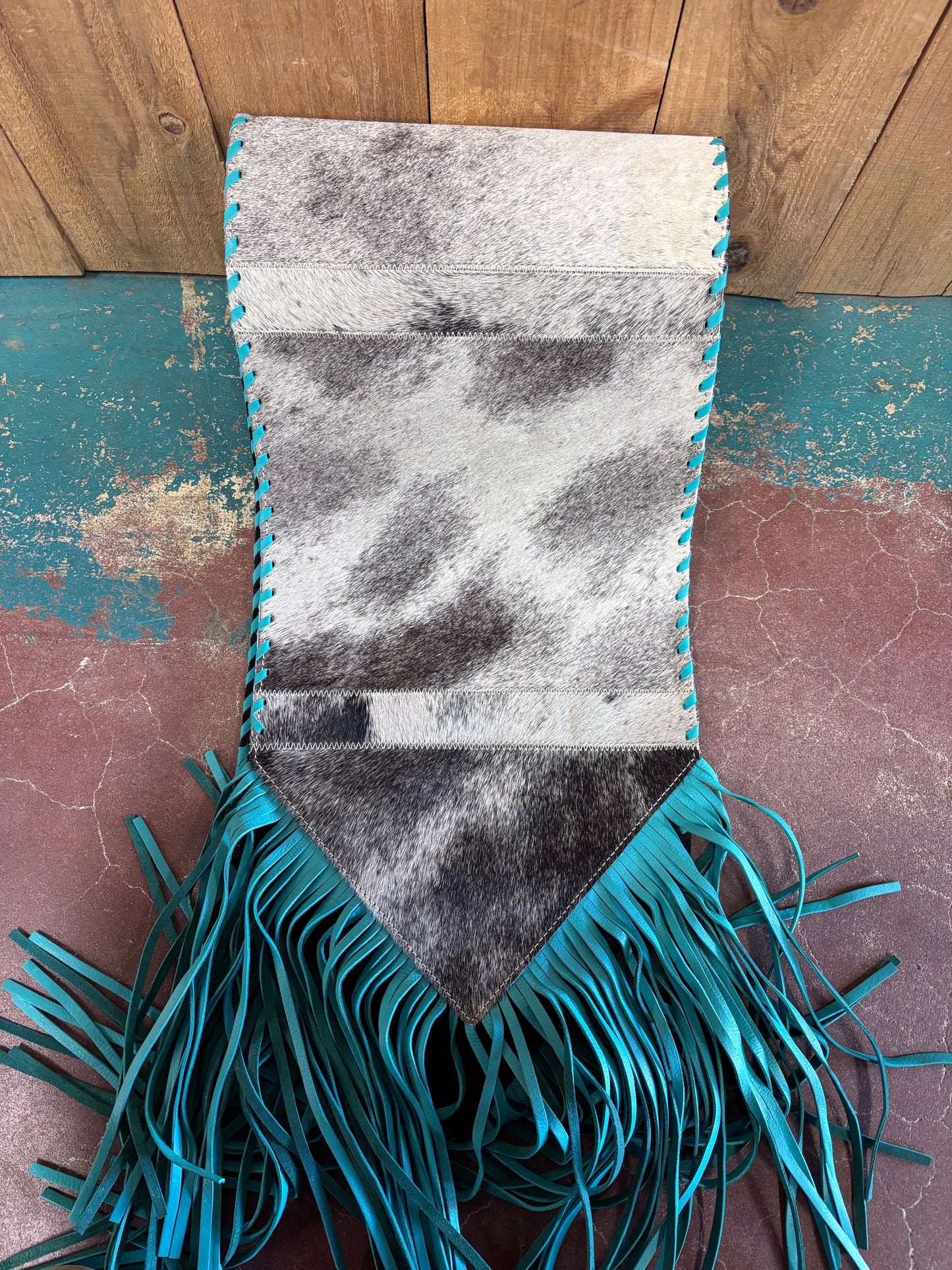 White and Black Cowhide Turquoise Leather Table Runner