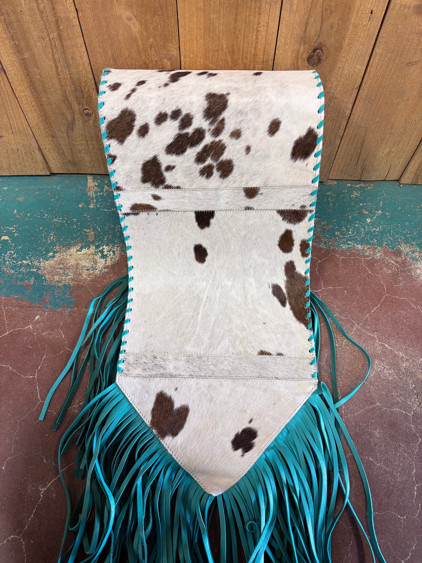 Brown And White Cowhide Turquoise Leather Table Runner