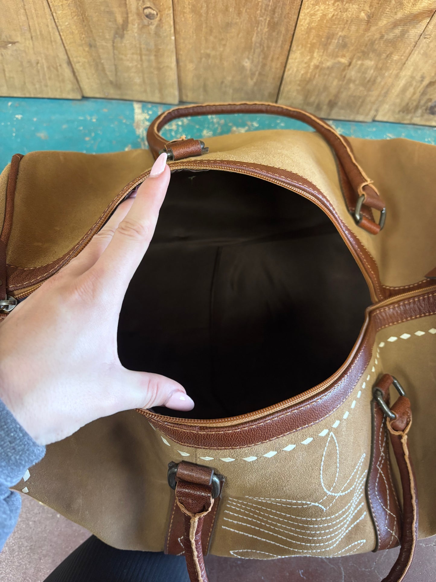 Tan Suede Leather Boot Stitched Duffle Bag