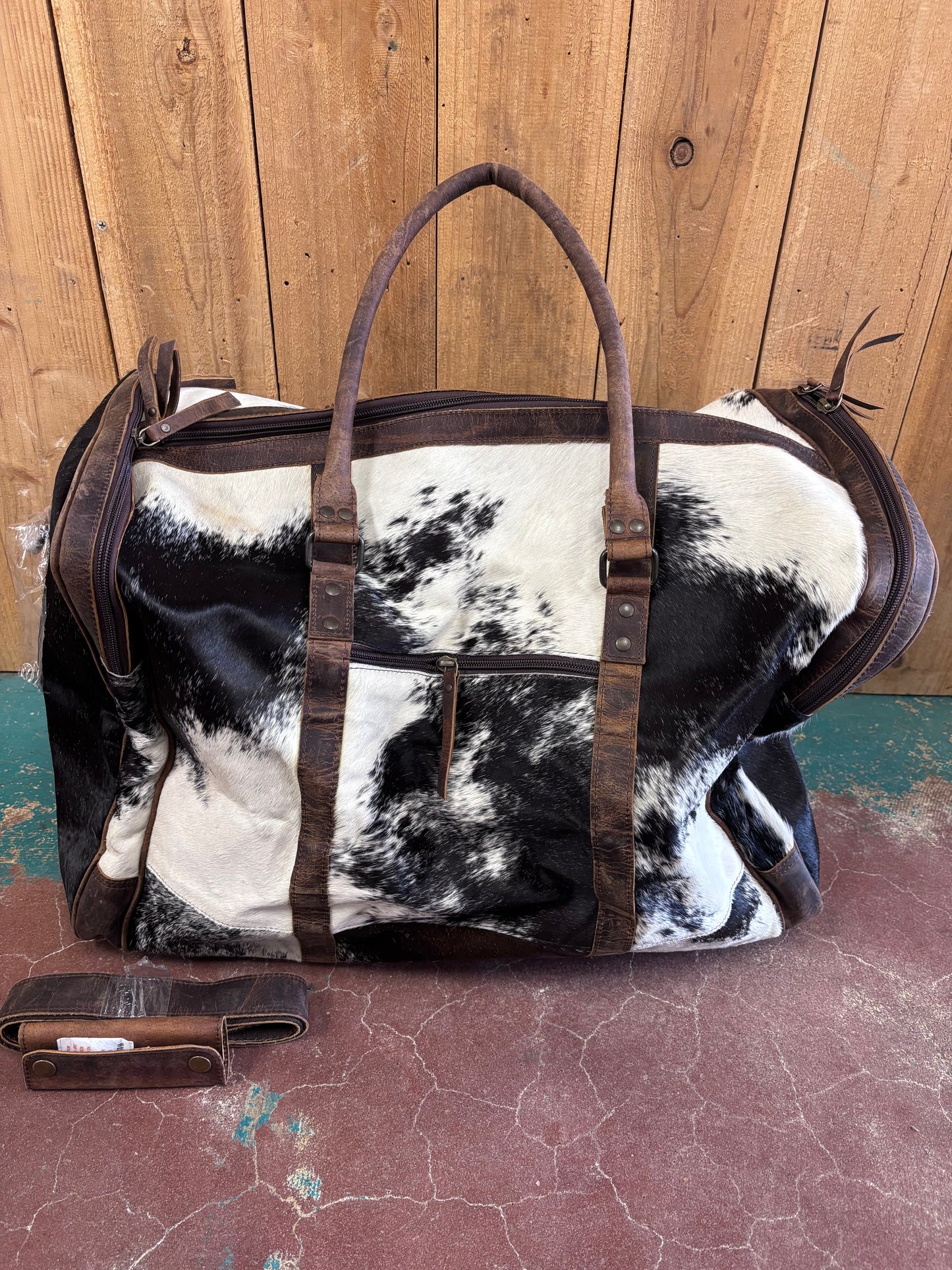 Black And White Cowhide Leather Duffle Bag