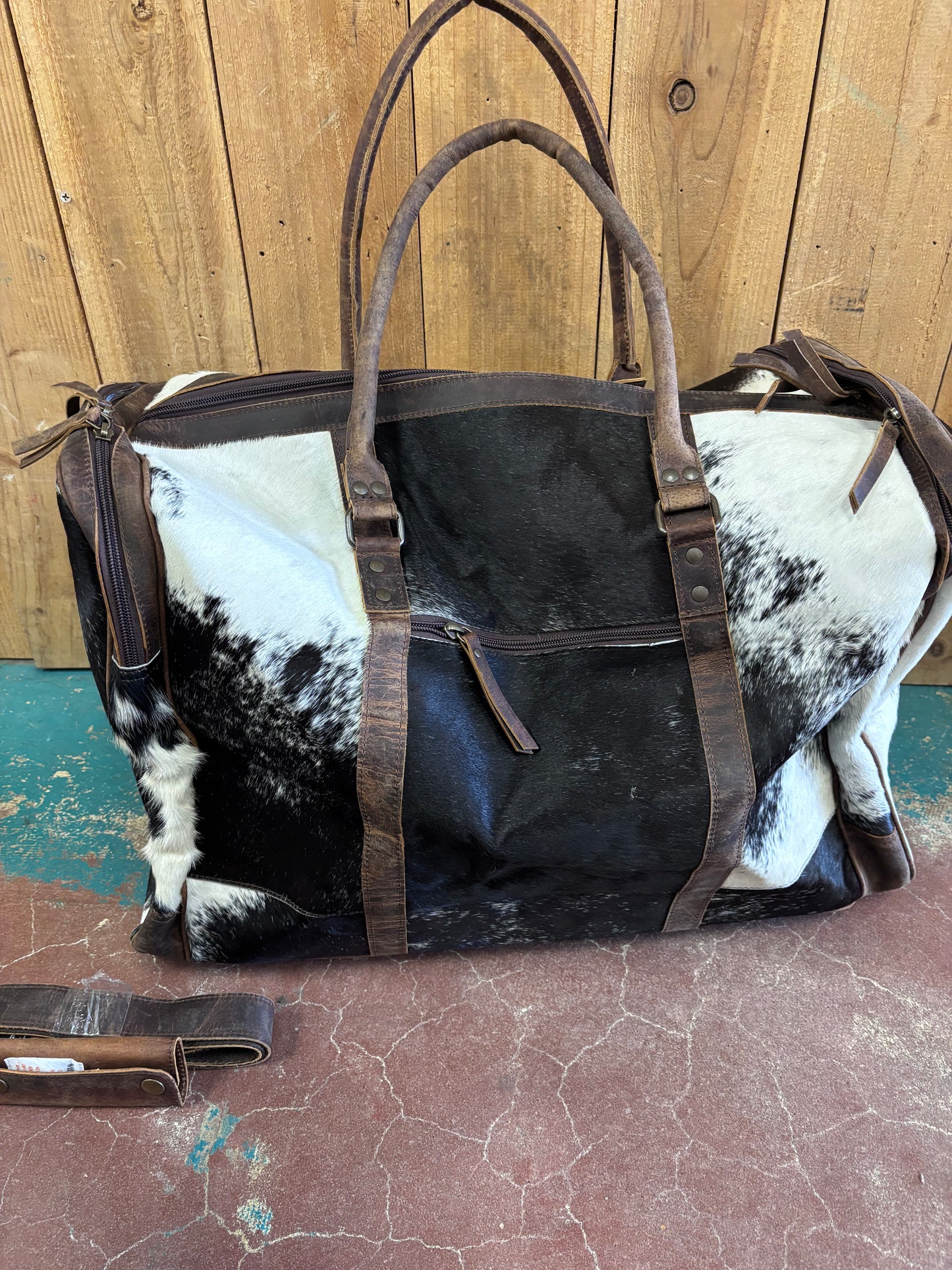 Black And White Cowhide Leather Duffle Bag