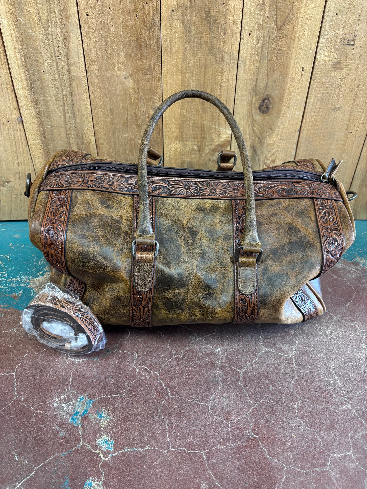 Small Distressed Brown Leather Tooled Duffle Bag