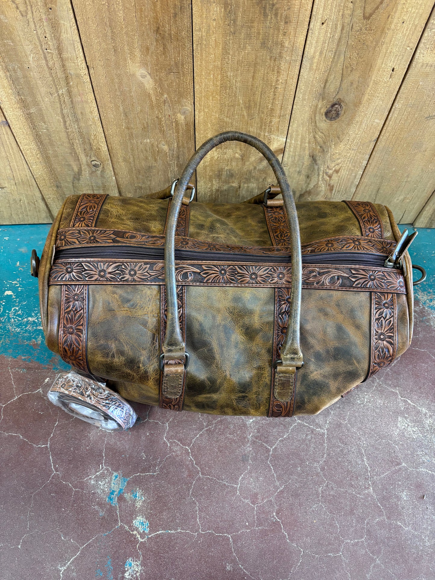 Small Distressed Brown Leather Tooled Duffle Bag