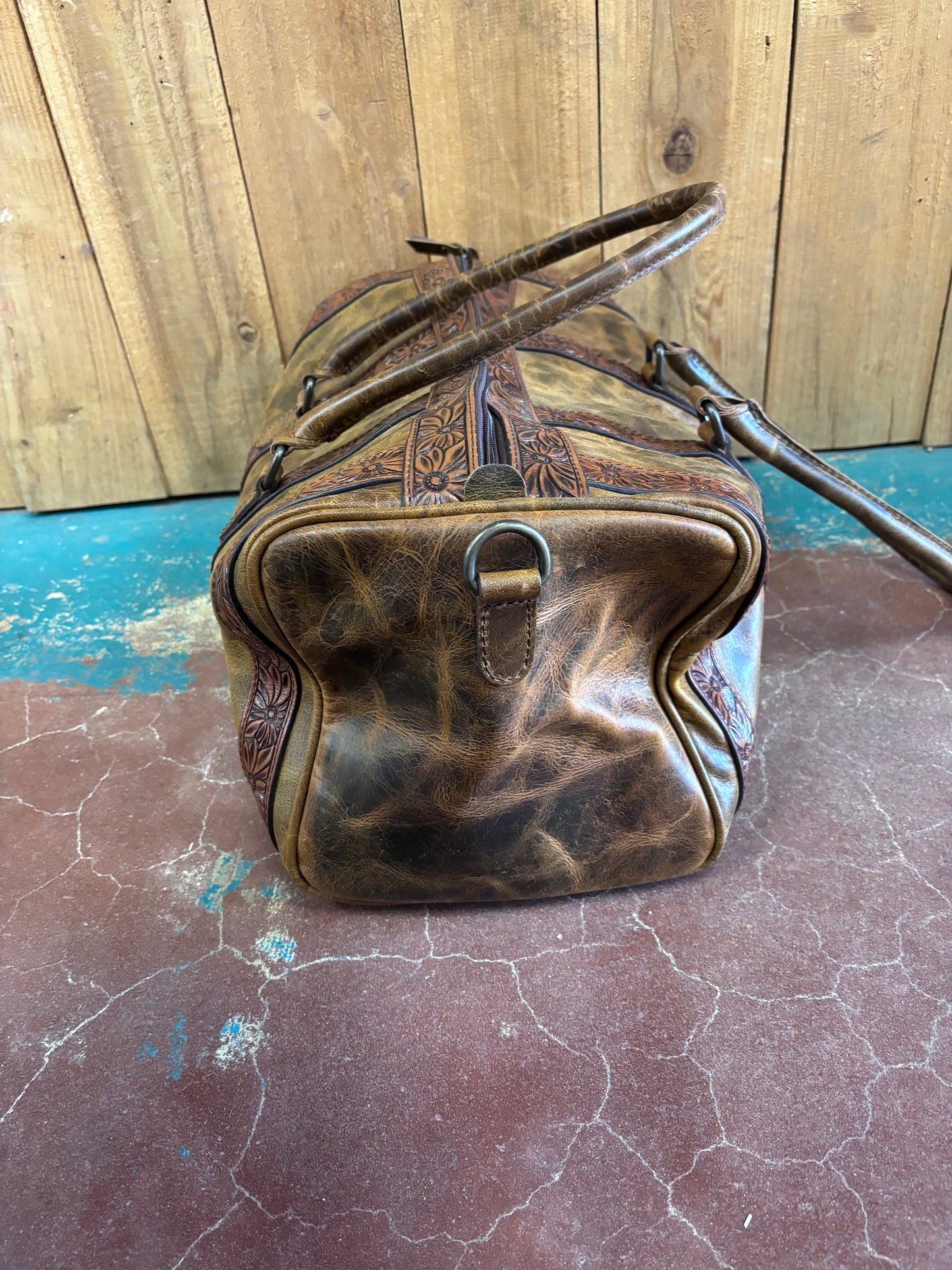 Small Distressed Brown Leather Tooled Duffle Bag