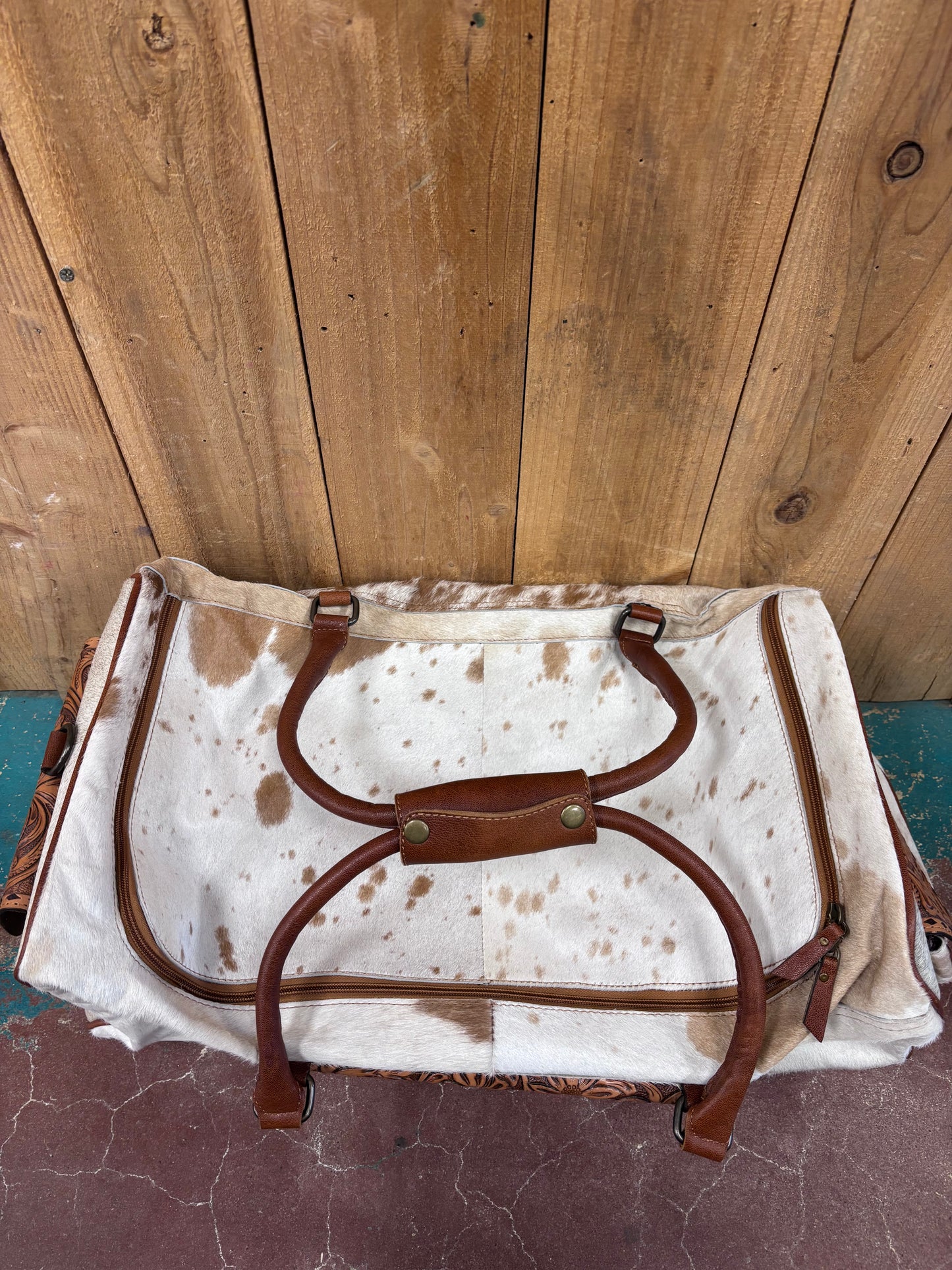 White Brown Spotted Cowhide Duffle Bag