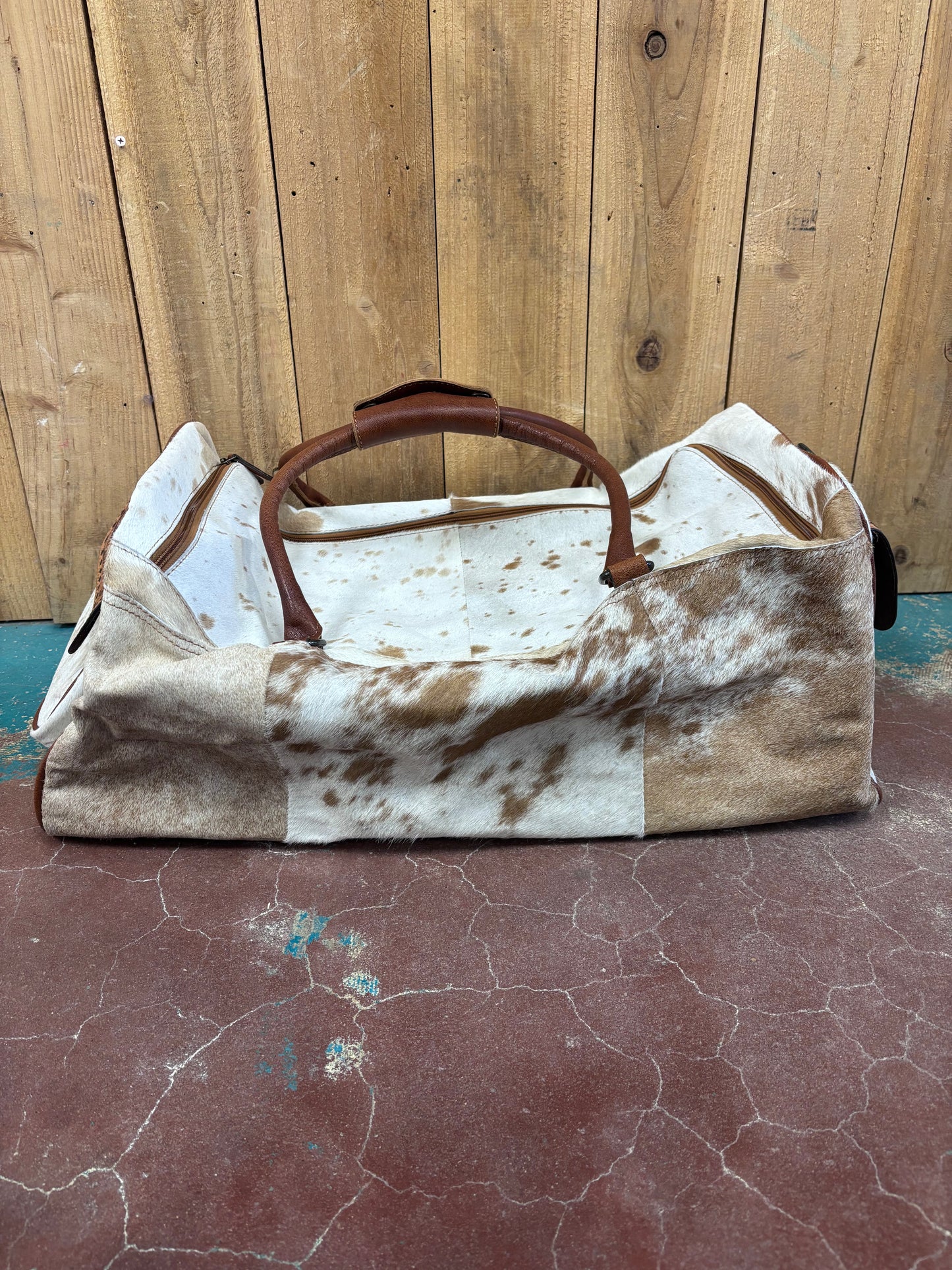 White Brown Spotted Cowhide Duffle Bag