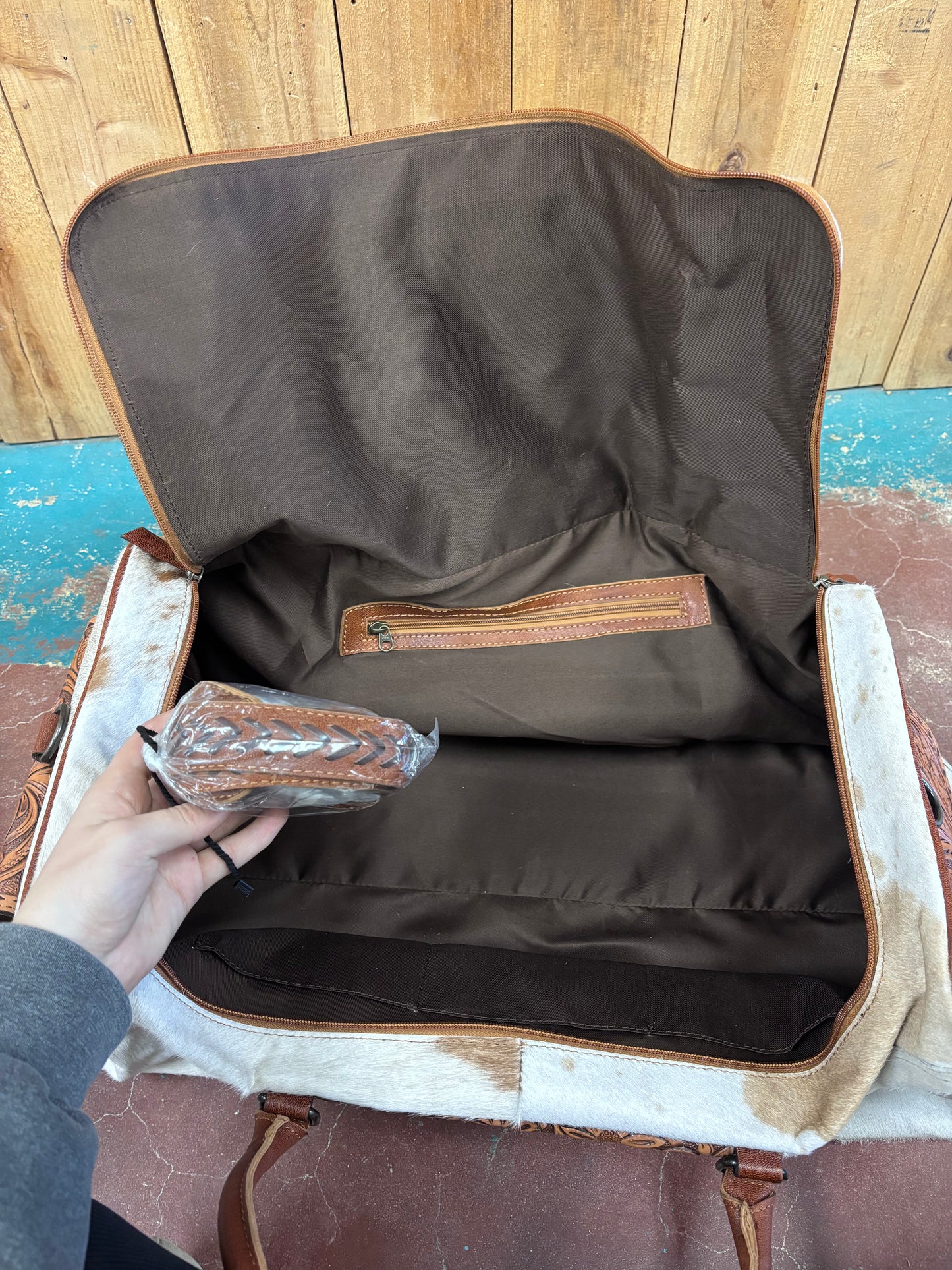 White Brown Spotted Cowhide Duffle Bag