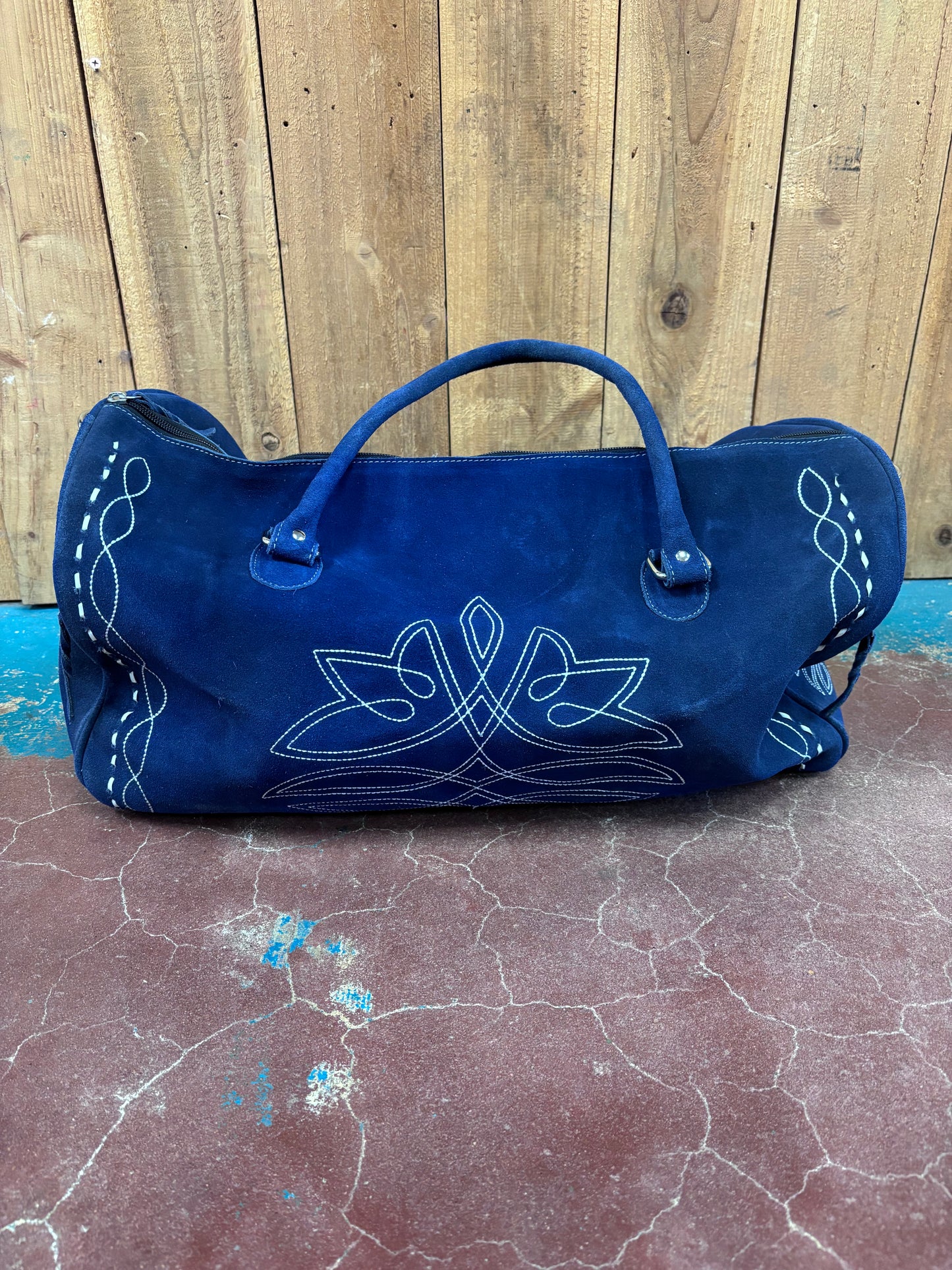 Blue Suede Leather Boot Stitched Duffle Bag