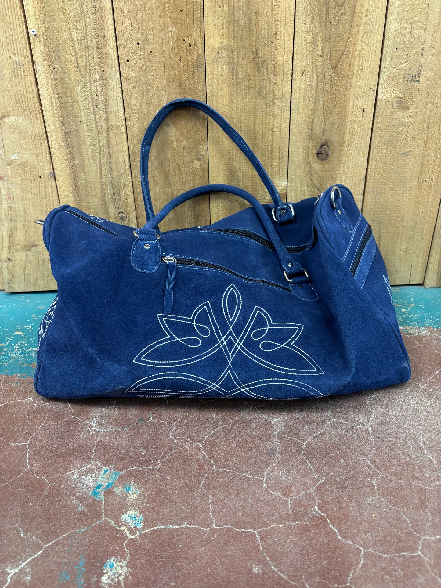 Blue Suede Leather Boot Stitched Duffle Bag