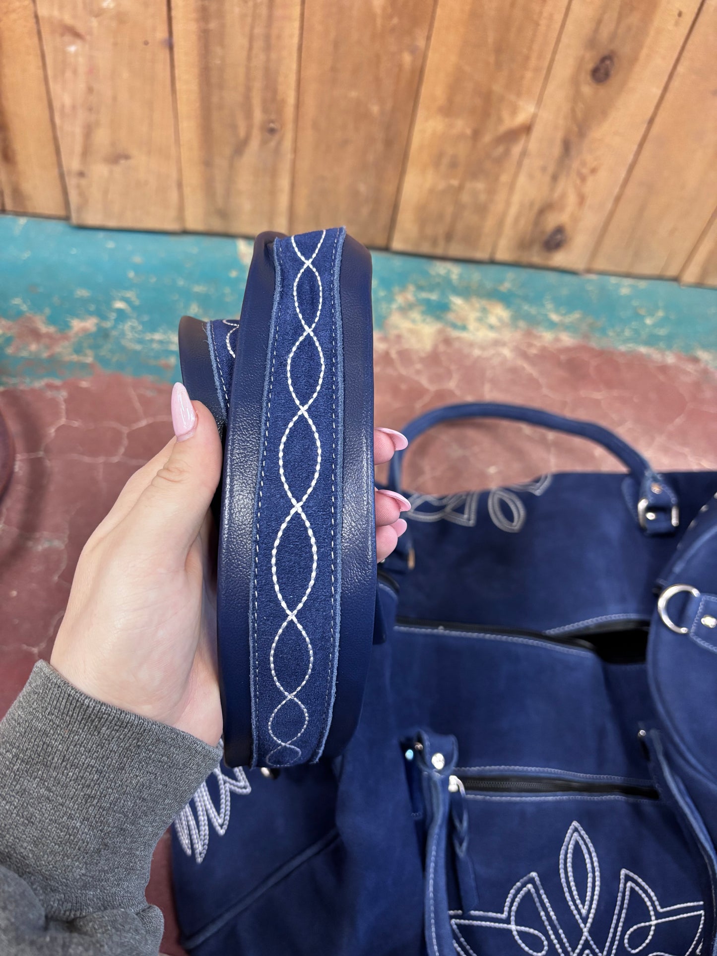 Blue Suede Leather Boot Stitched Duffle Bag