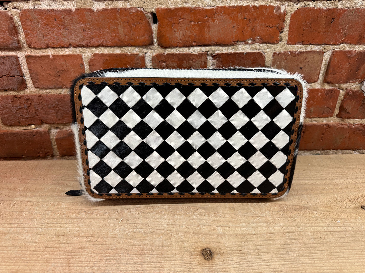 Black and White Checkered Painted Leather and Cowhide Necklace Holder