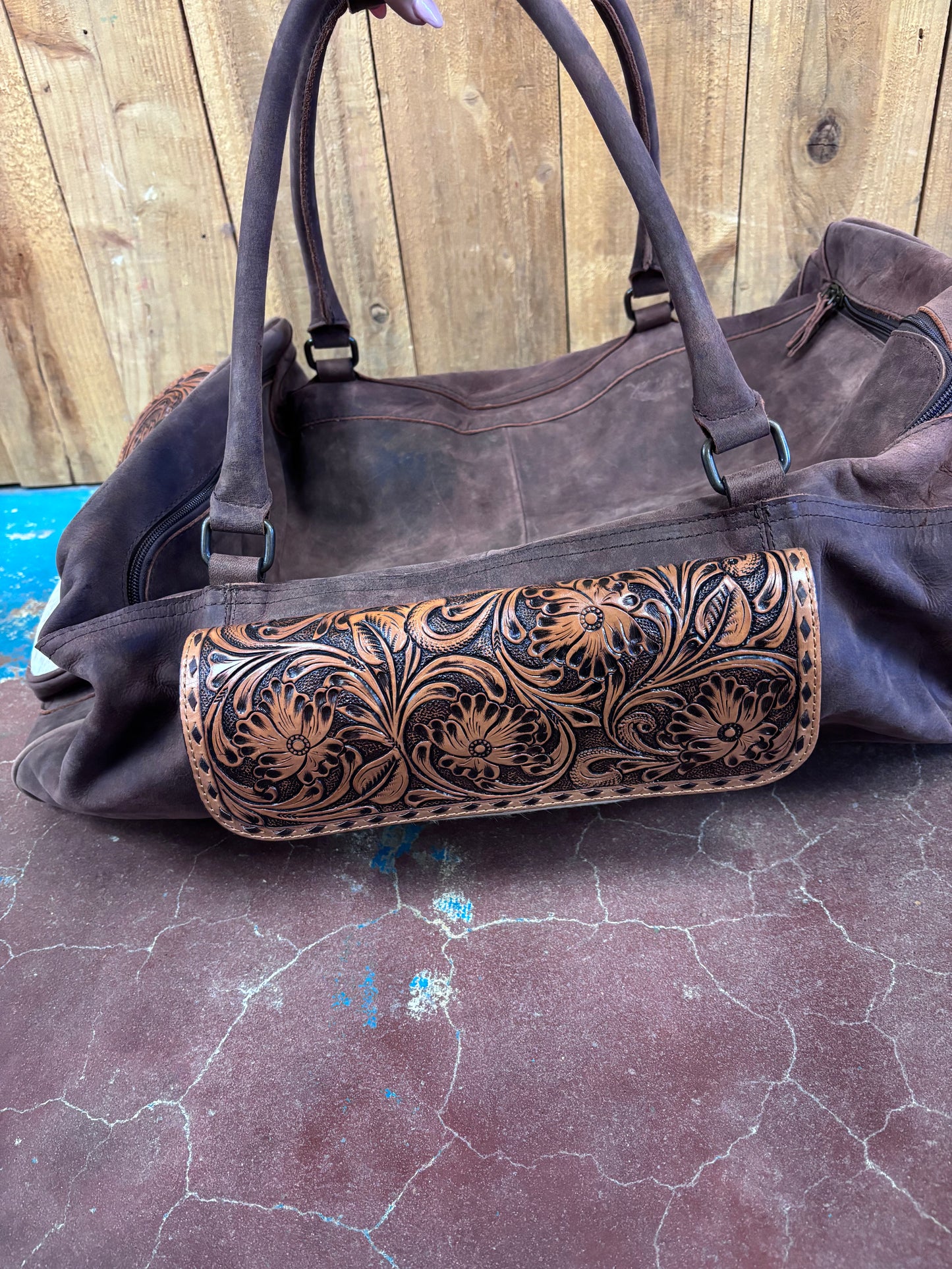 Dark Brown Leather Tooled Cowhide Pocket Duffle Bag