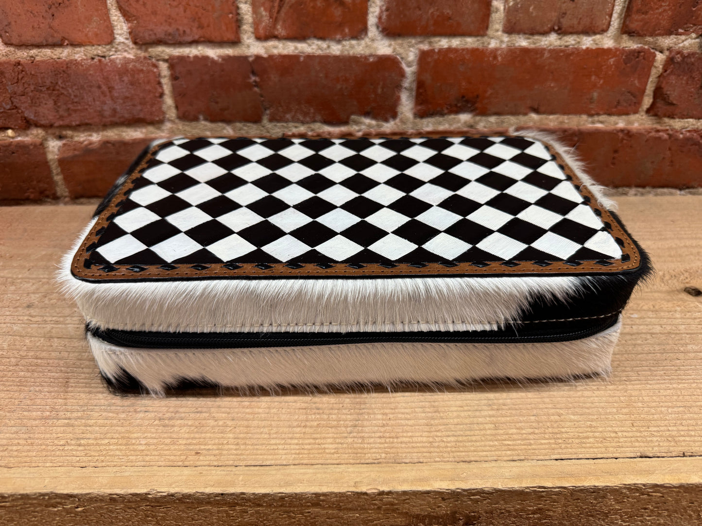 Black and White Checkered Painted Leather and Cowhide Necklace Holder