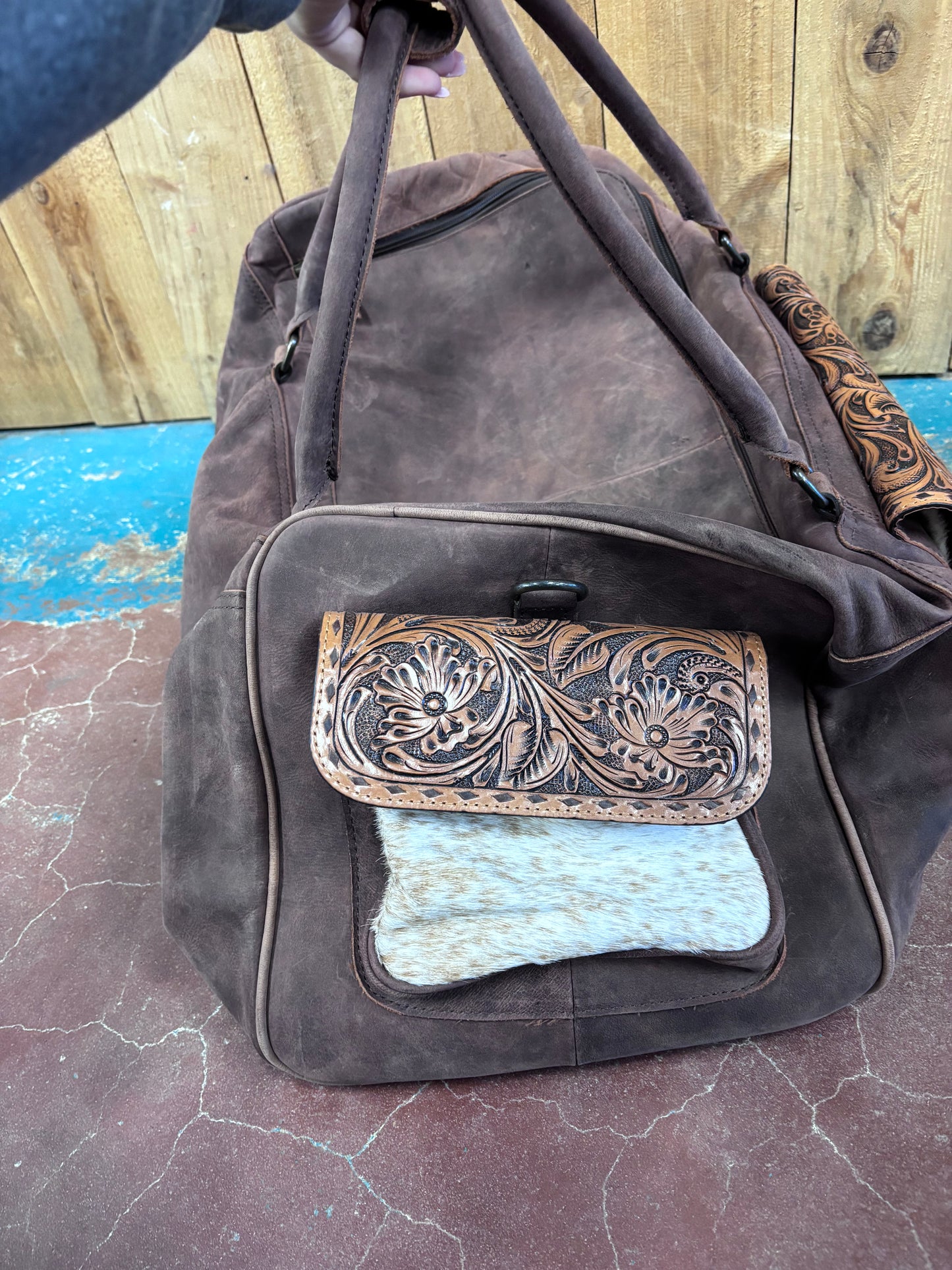 Dark Brown Leather Tooled Cowhide Pocket Duffle Bag