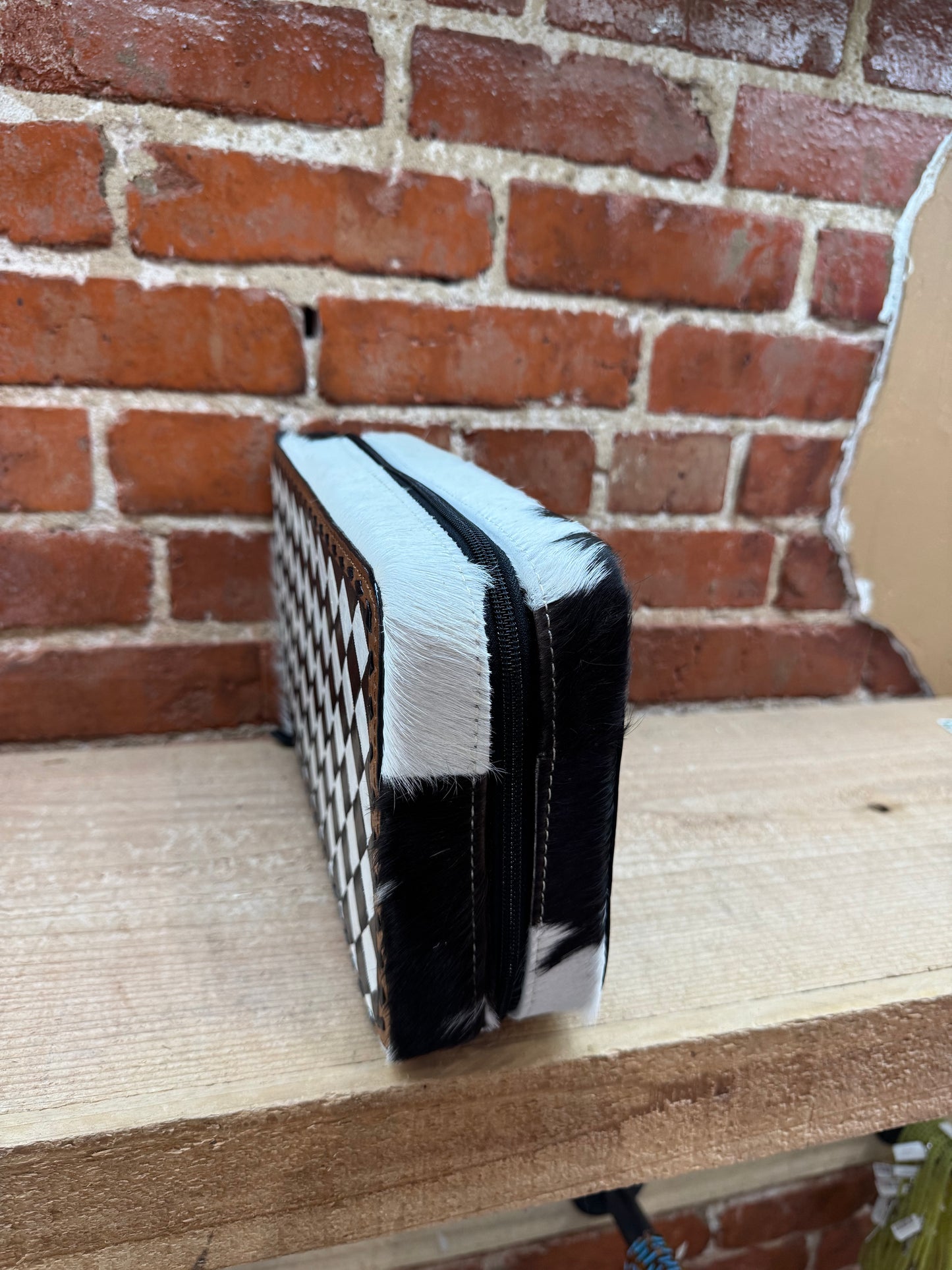 Black and White Checkered Painted Leather and Cowhide Necklace Holder