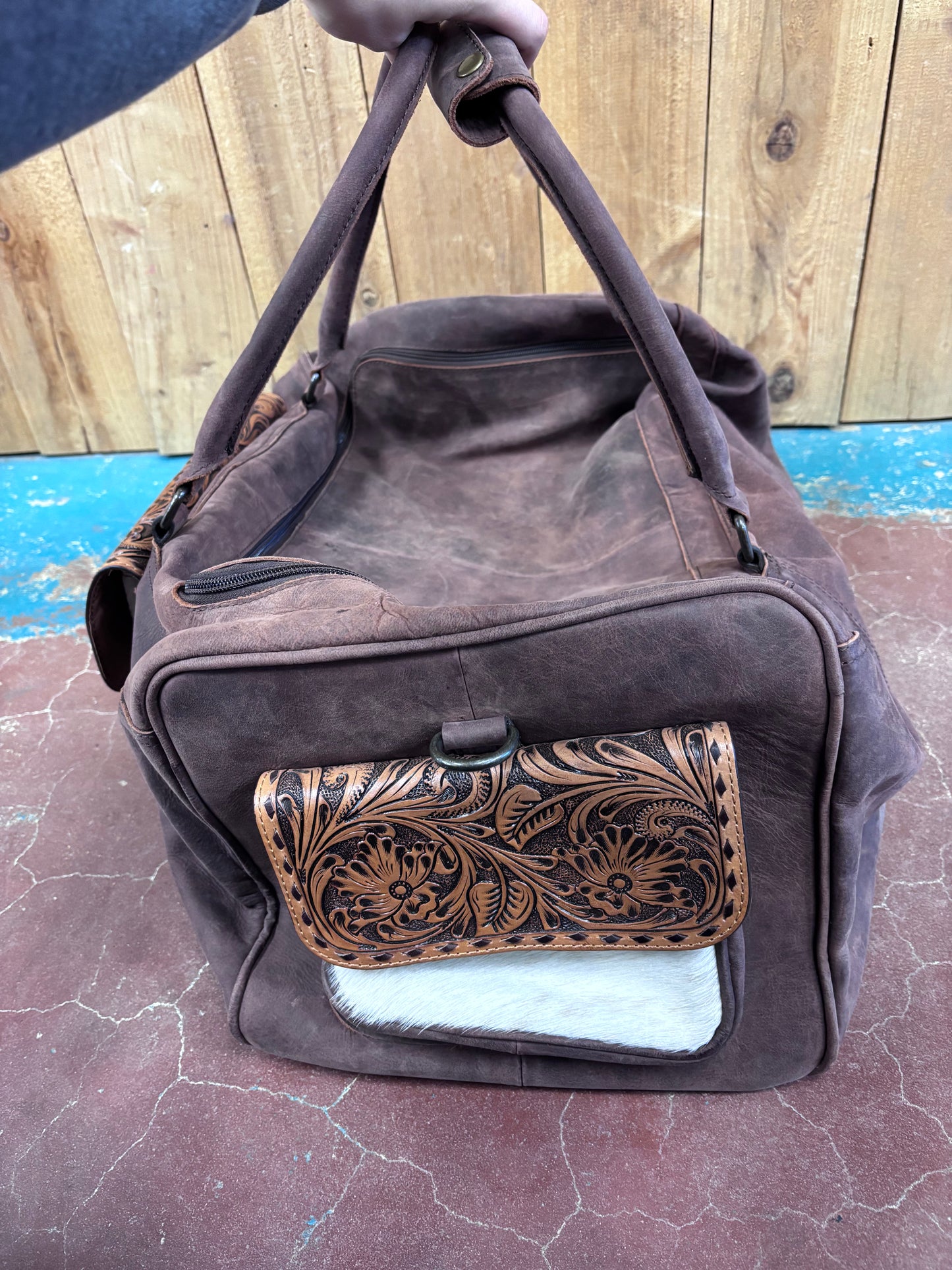 Dark Brown Leather Tooled Cowhide Pocket Duffle Bag