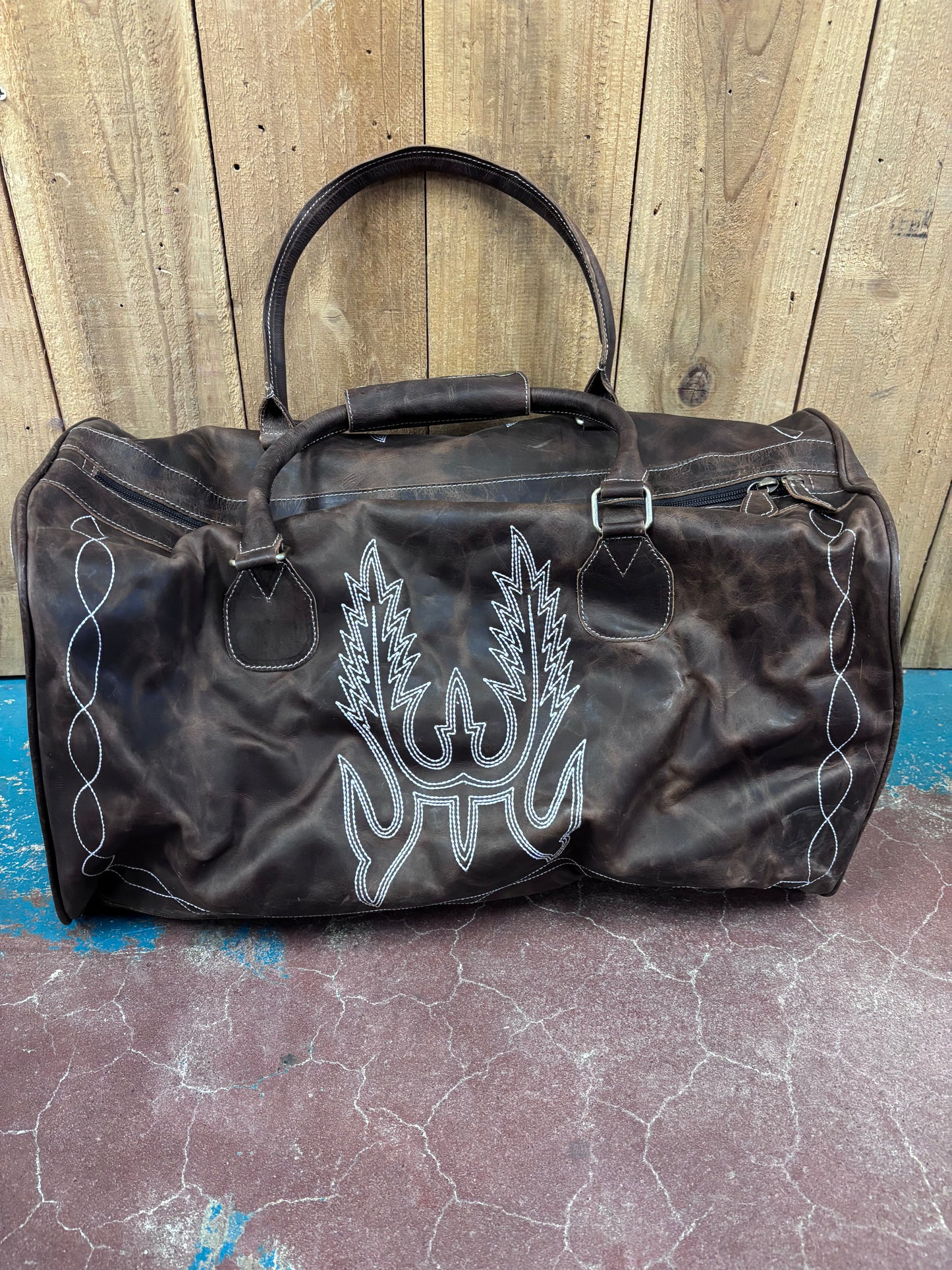 Medium Brown Distressed Leather Boot Stitched Duffle Bag