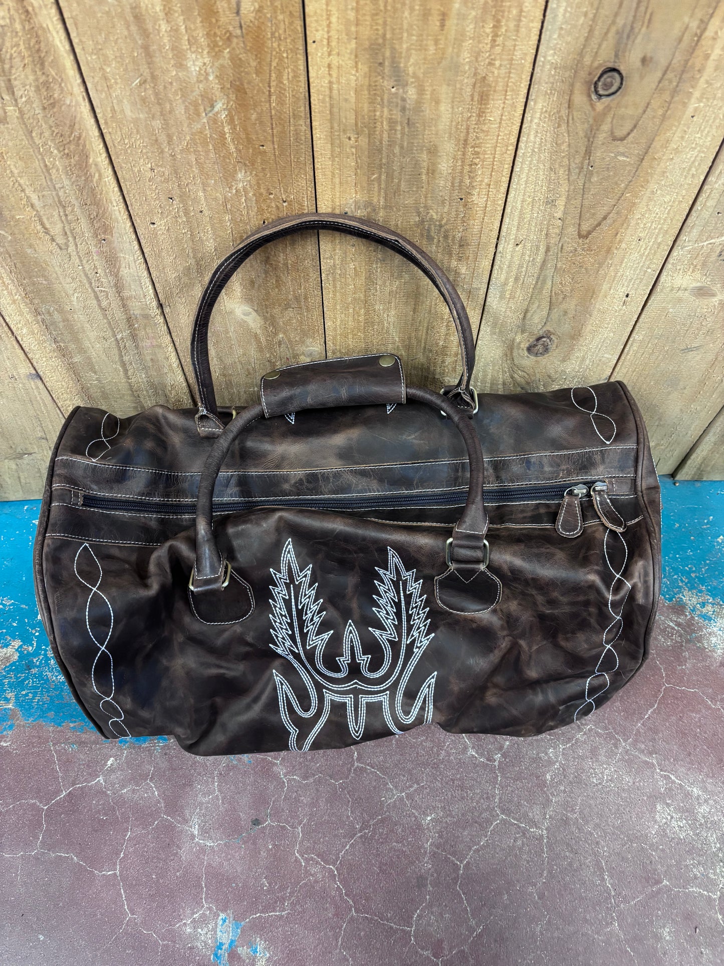 Medium Brown Distressed Leather Boot Stitched Duffle Bag