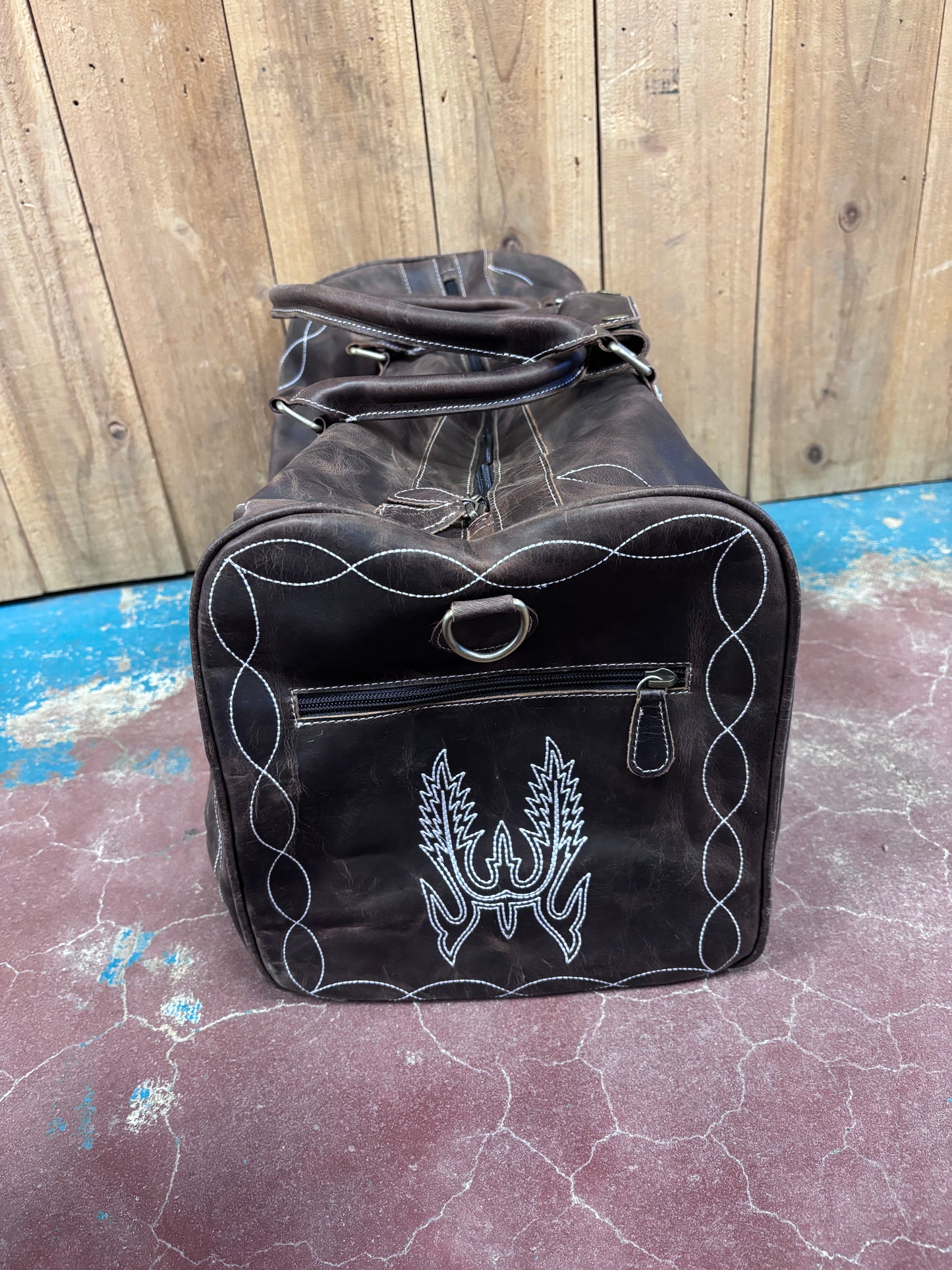 Medium Brown Distressed Leather Boot Stitched Duffle Bag