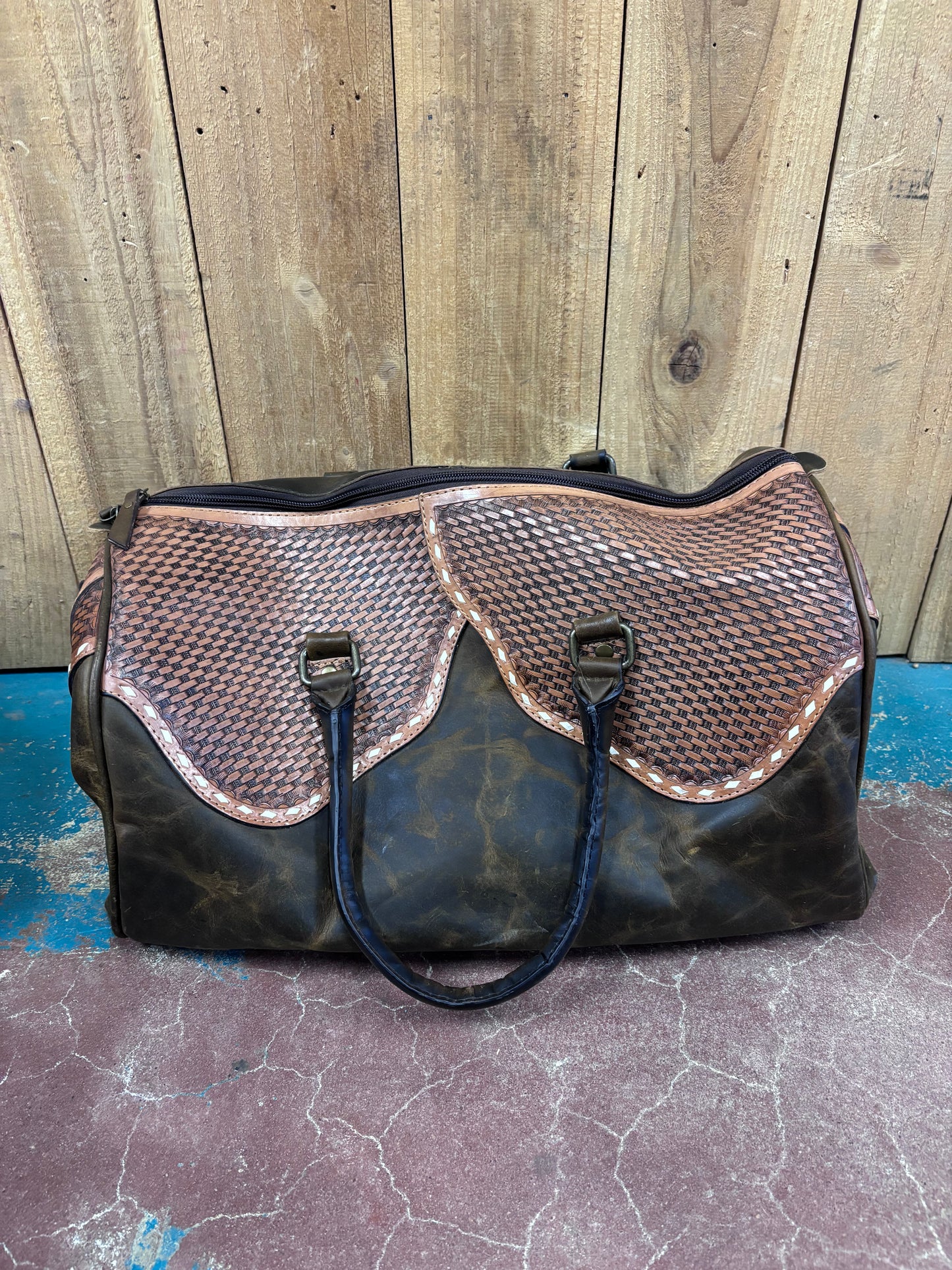 Distressed Brown Leather Basketweave Tooled Duffle Bag