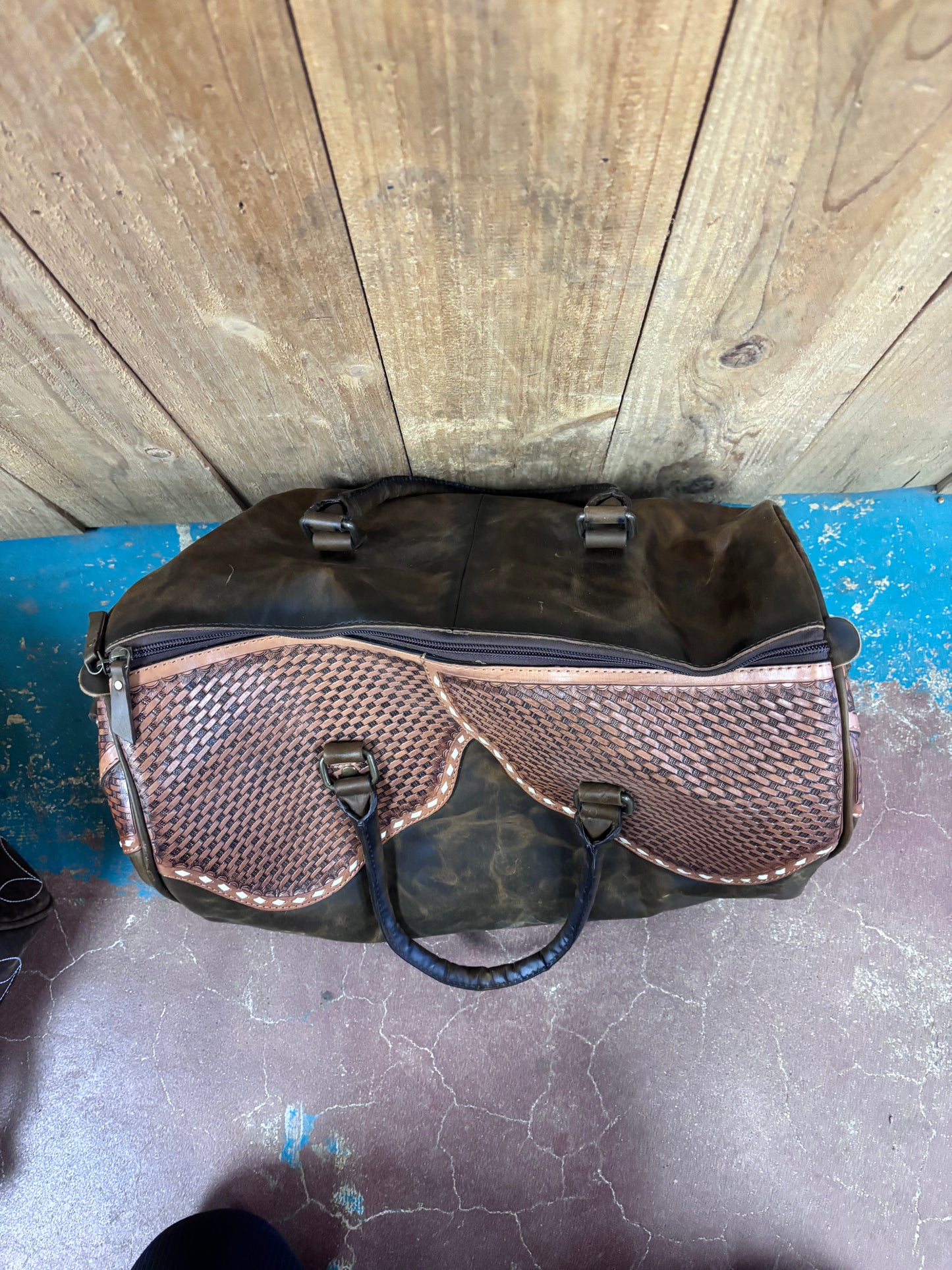 Distressed Brown Leather Basketweave Tooled Duffle Bag