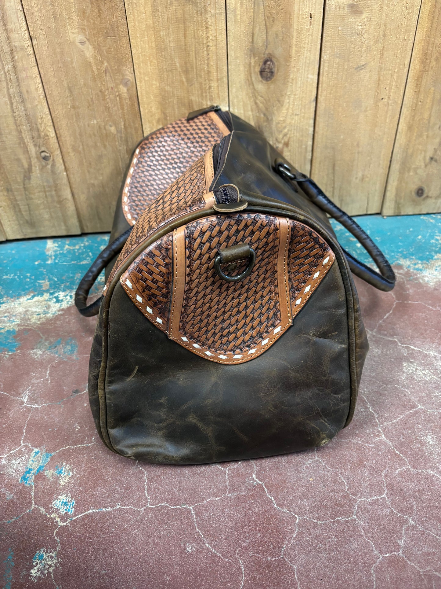 Distressed Brown Leather Basketweave Tooled Duffle Bag