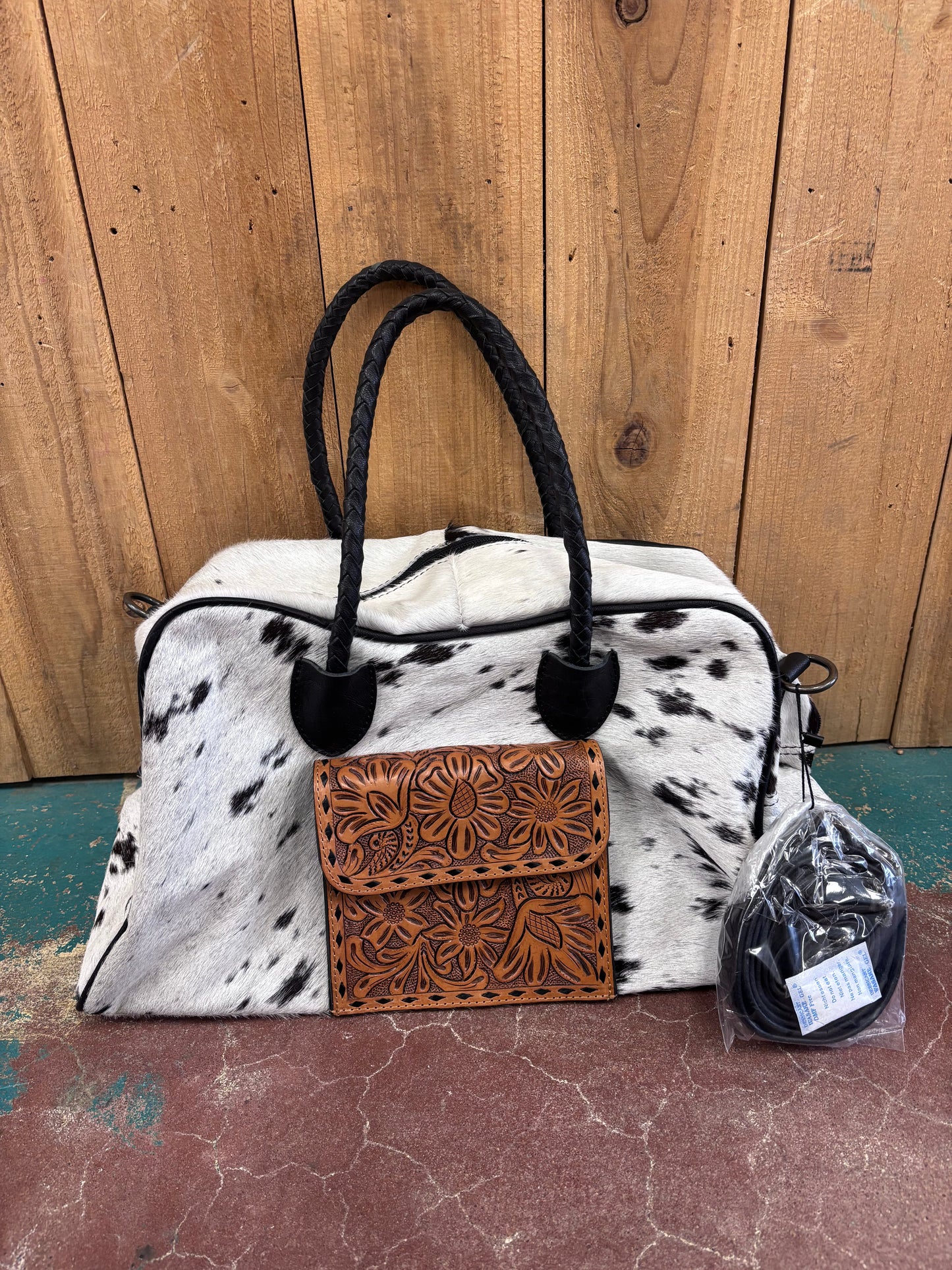 Small Black and White Cowhide Tooled Leather Duffle Bag