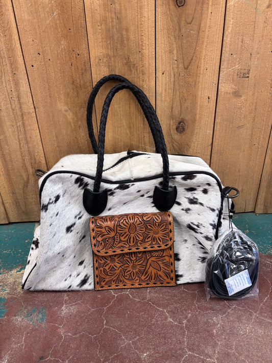 Small Black and White Cowhide Tooled Leather Duffle Bag