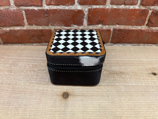 Black and White Checkered Painted Leather and Cowhide Small Square Jewelry Box