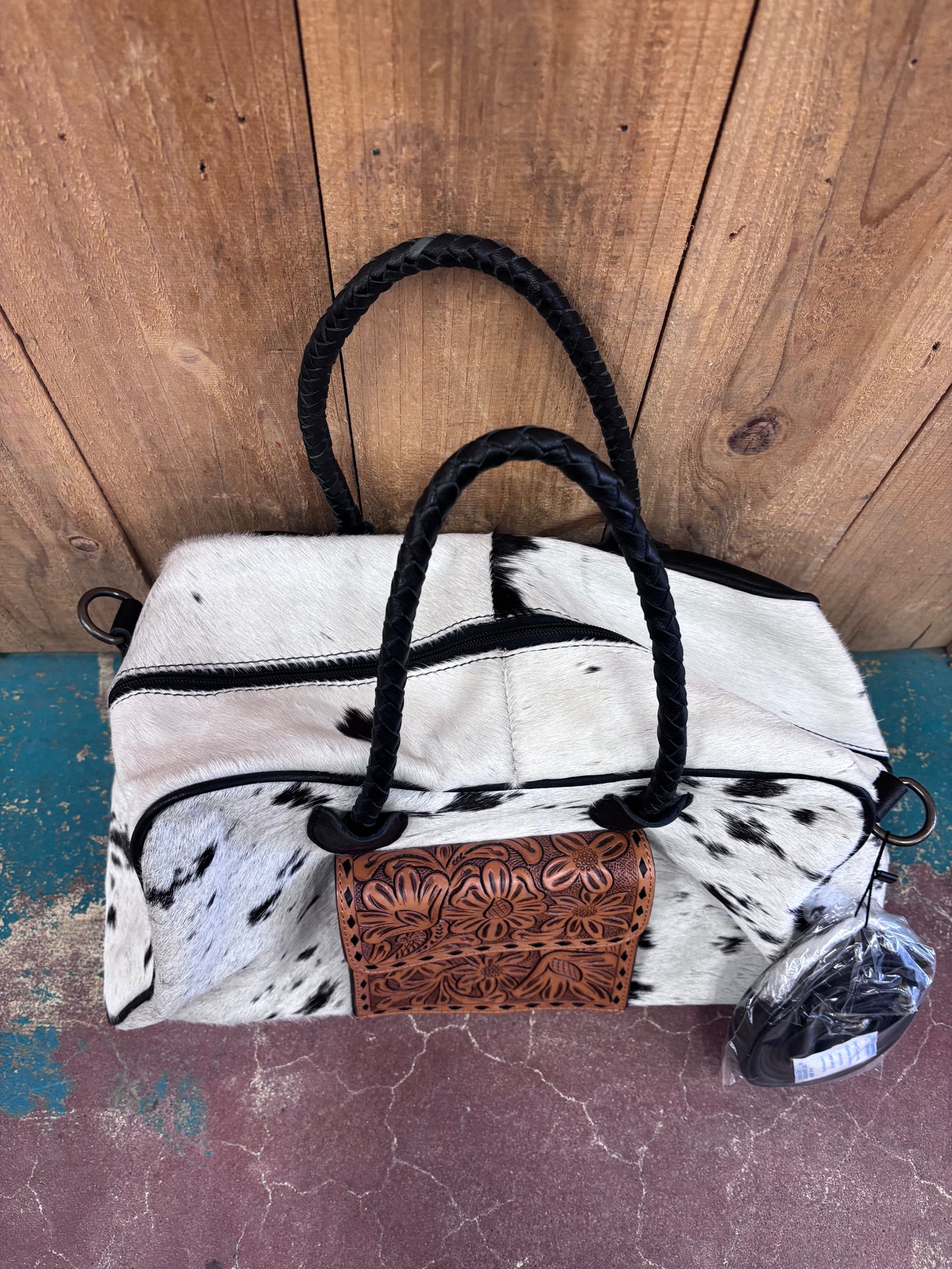 Small Black and White Cowhide Tooled Leather Duffle Bag