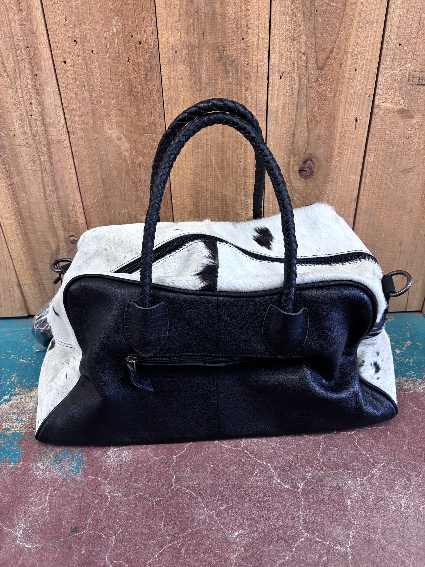 Small Black and White Cowhide Tooled Leather Duffle Bag