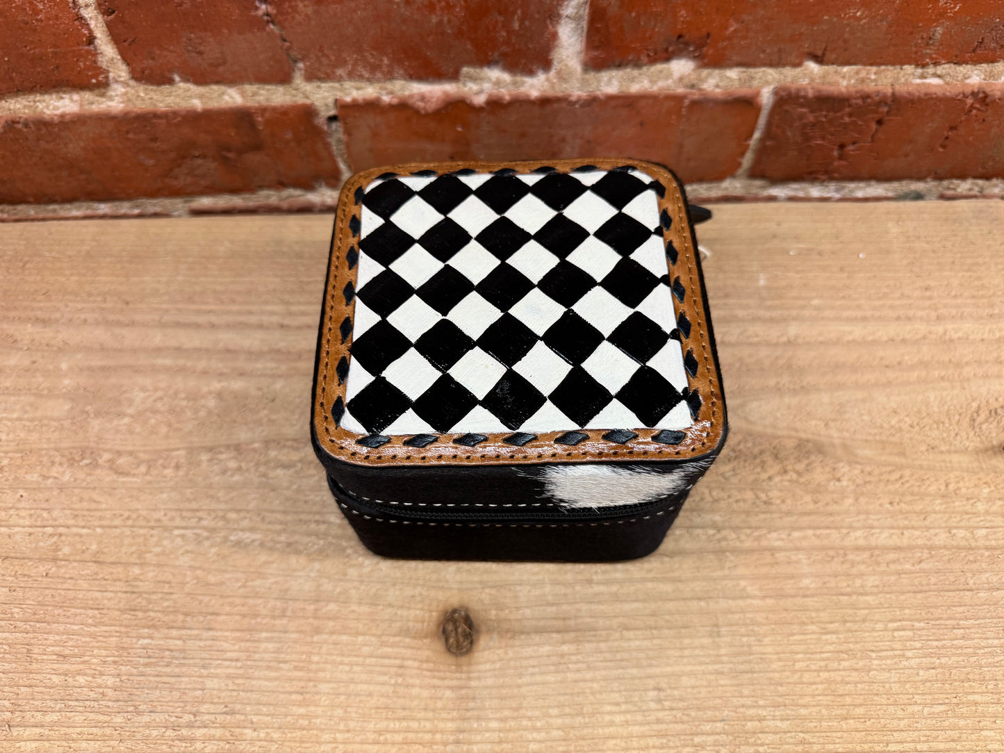 Black and White Checkered Painted Leather and Cowhide Small Square Jewelry Box