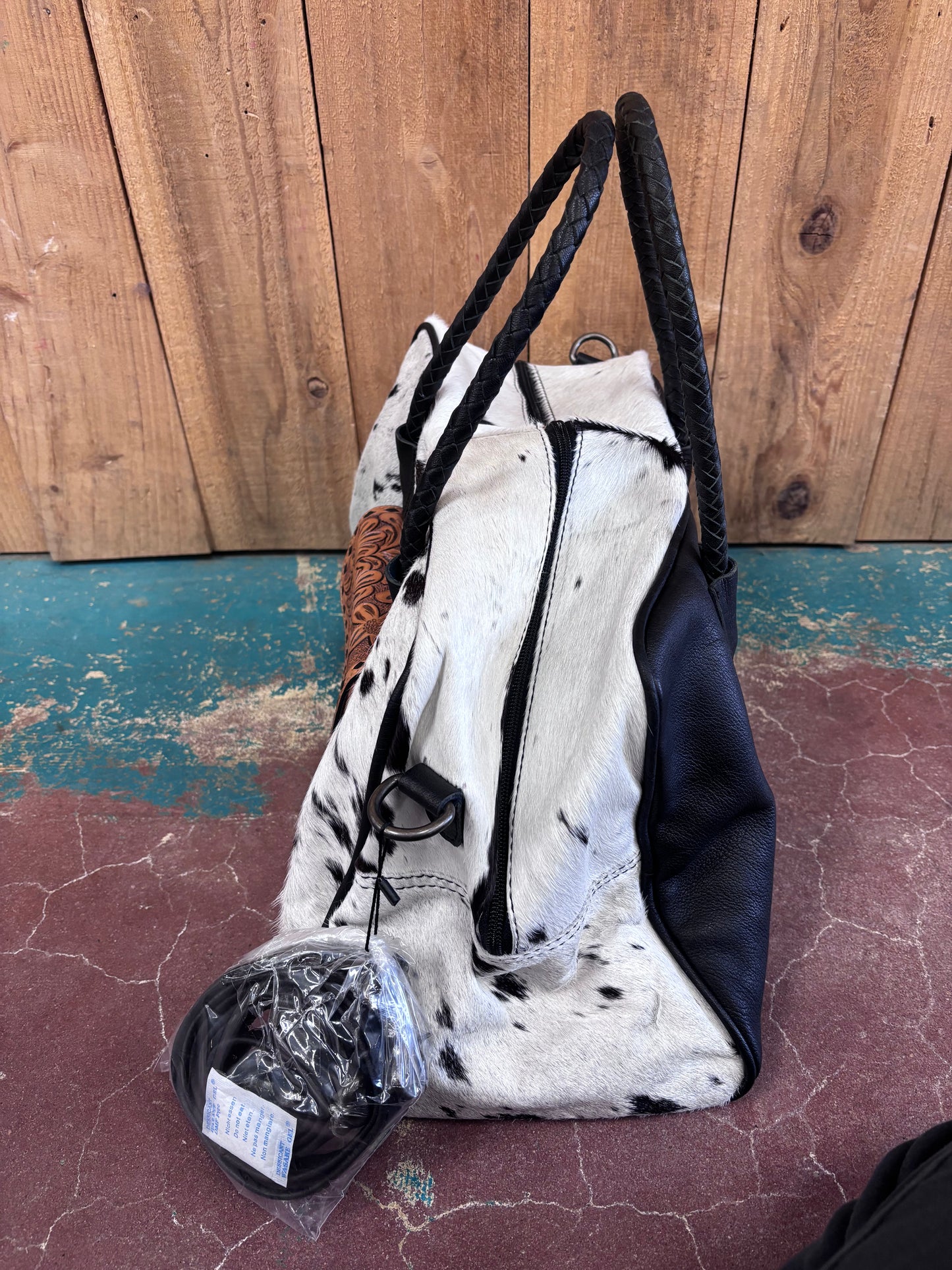 Small Black and White Cowhide Tooled Leather Duffle Bag