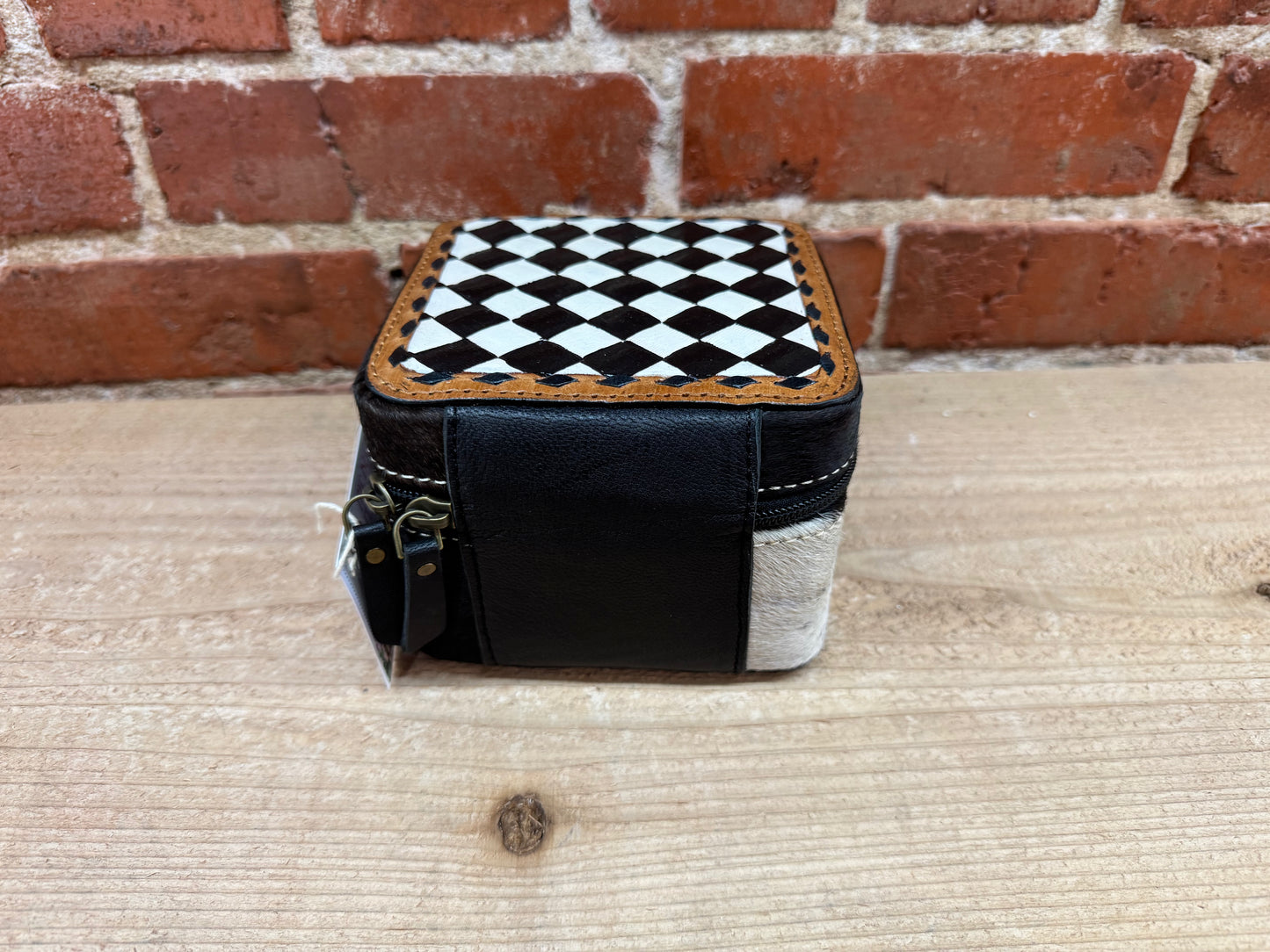 Black and White Checkered Painted Leather and Cowhide Small Square Jewelry Box