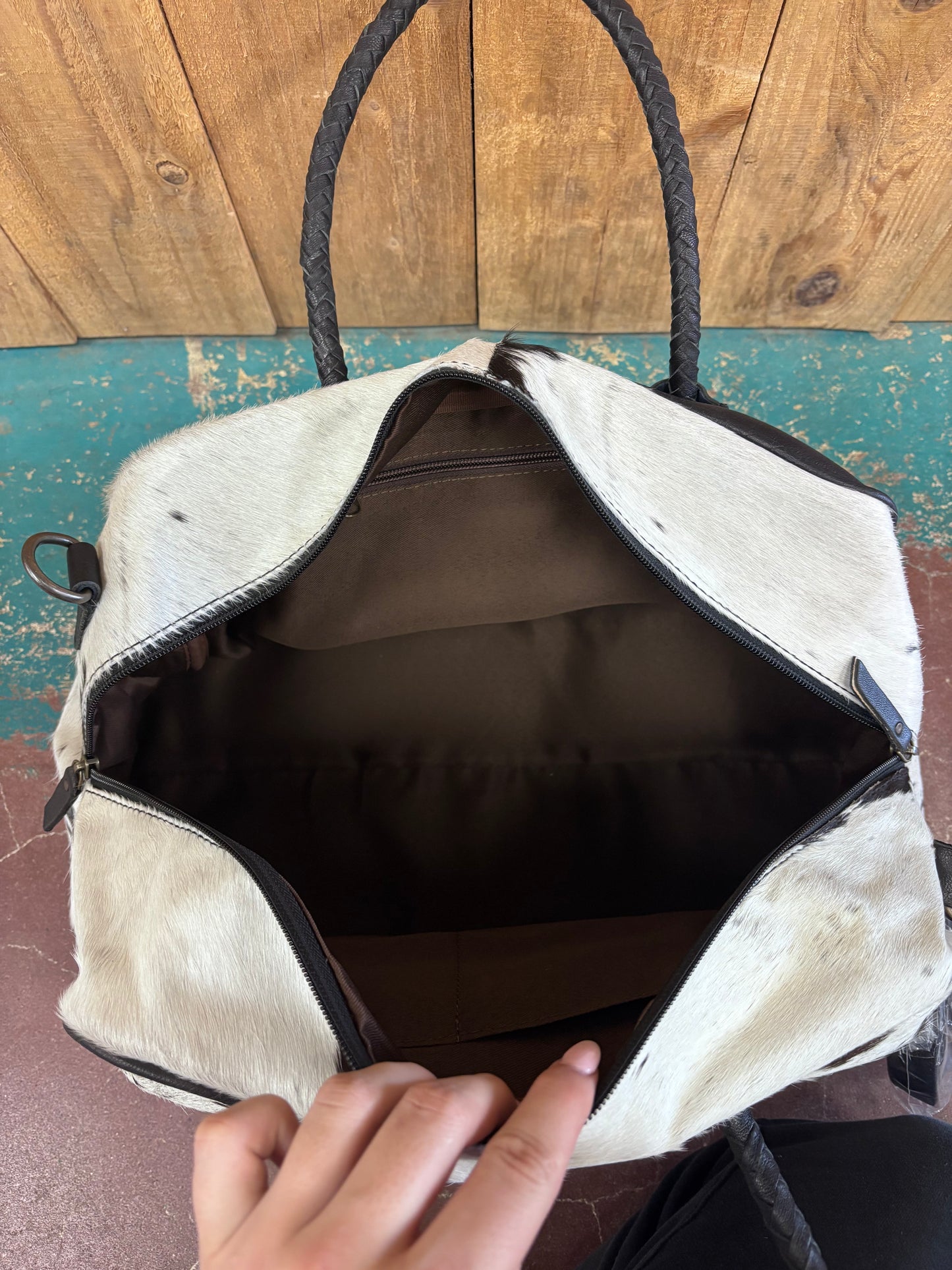 Small Black and White Cowhide Tooled Leather Duffle Bag