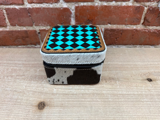 Black and Teal Checkered Painted Leather and Cowhide Small Jewelry Box