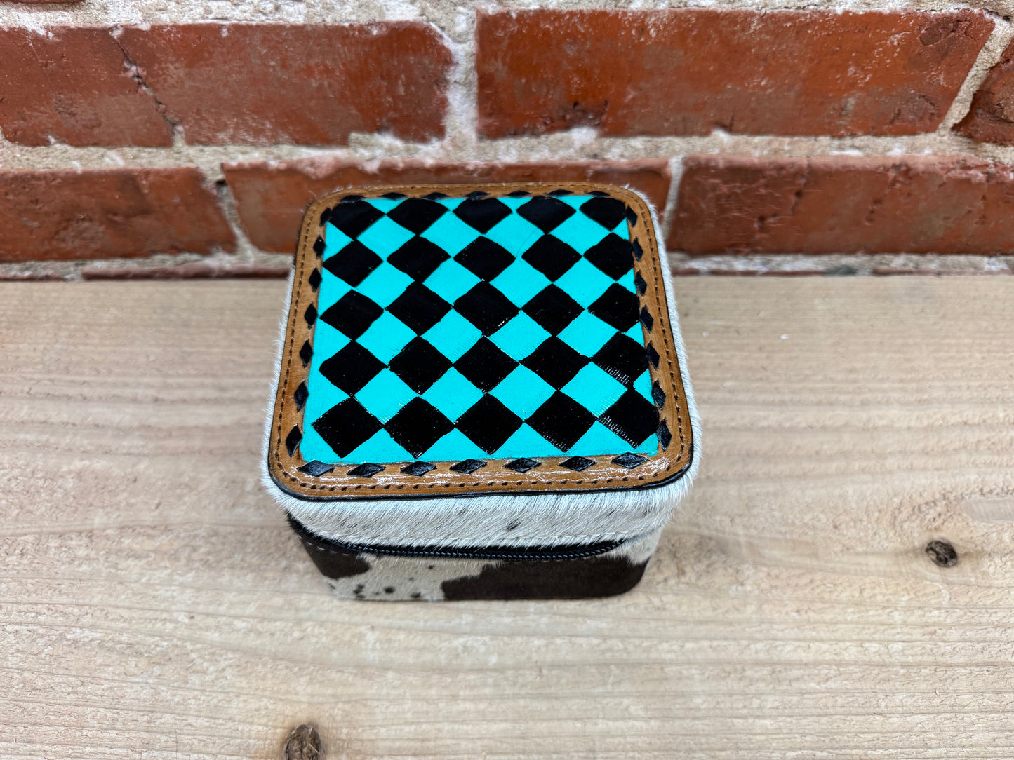 Black and Teal Checkered Painted Leather and Cowhide Small Square Jewelry Box