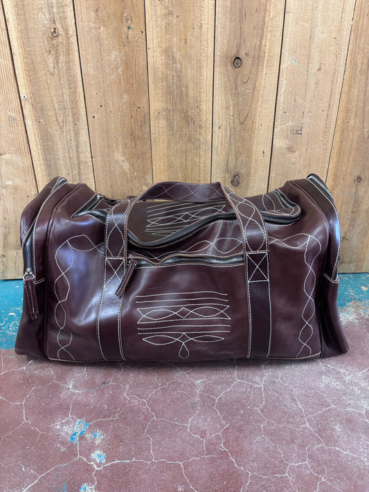Large Dark Brown Boot Stitched Leather Duffle Bag