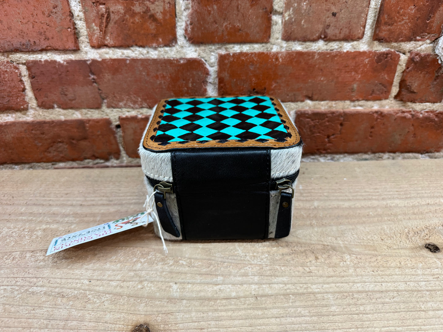 Black and Teal Checkered Painted Leather and Cowhide Small Square Jewelry Box