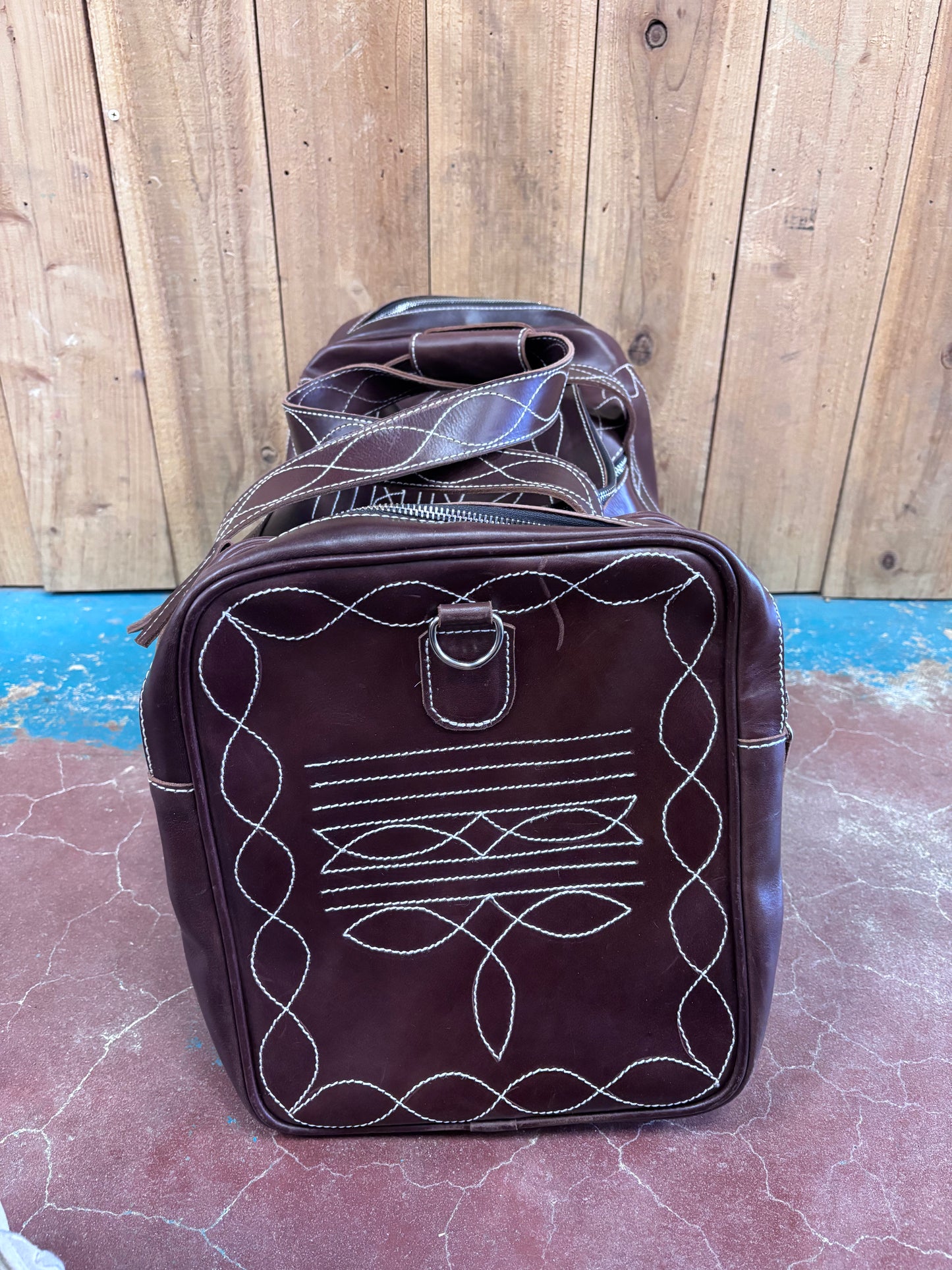 Large Dark Brown Boot Stitched Leather Duffle Bag