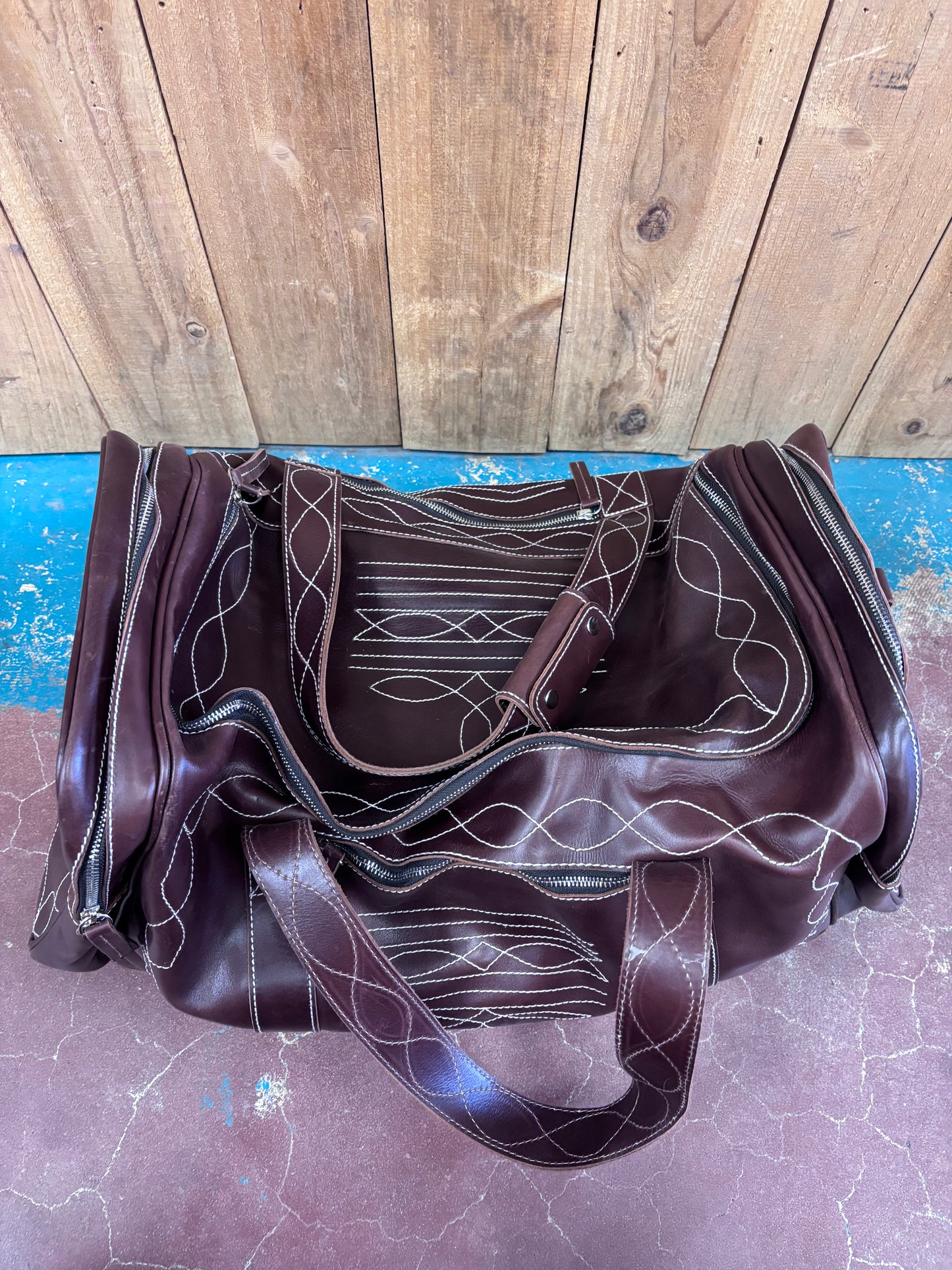 Large Dark Brown Boot Stitched Leather Duffle Bag