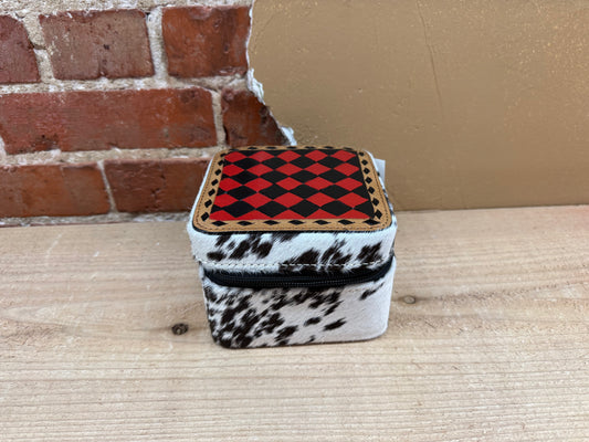 Black and Red Checkered Painted Leather and Cowhide Small Square Jewelry Box